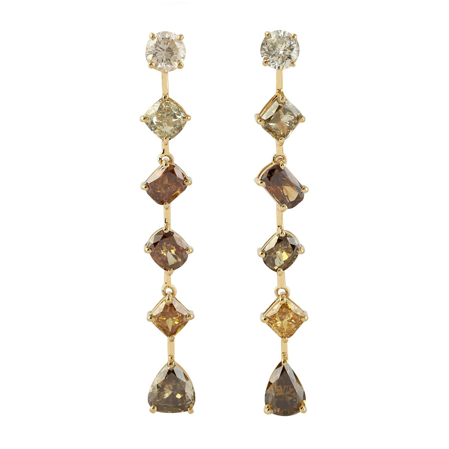 Mixed Cut Designer Dangle Diamond Earring in 18k Yellow Gold For Sale