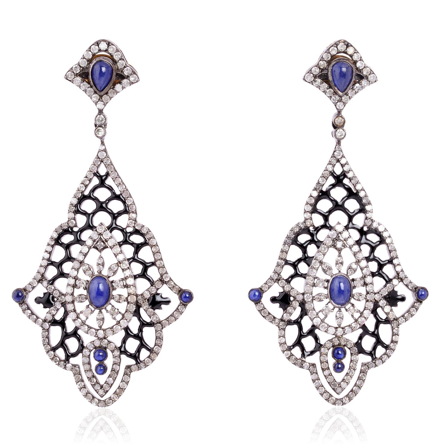 Art Deco Designer Dangle Earring with Sapphire & Pave Diamonds Made in Gold & Silver For Sale