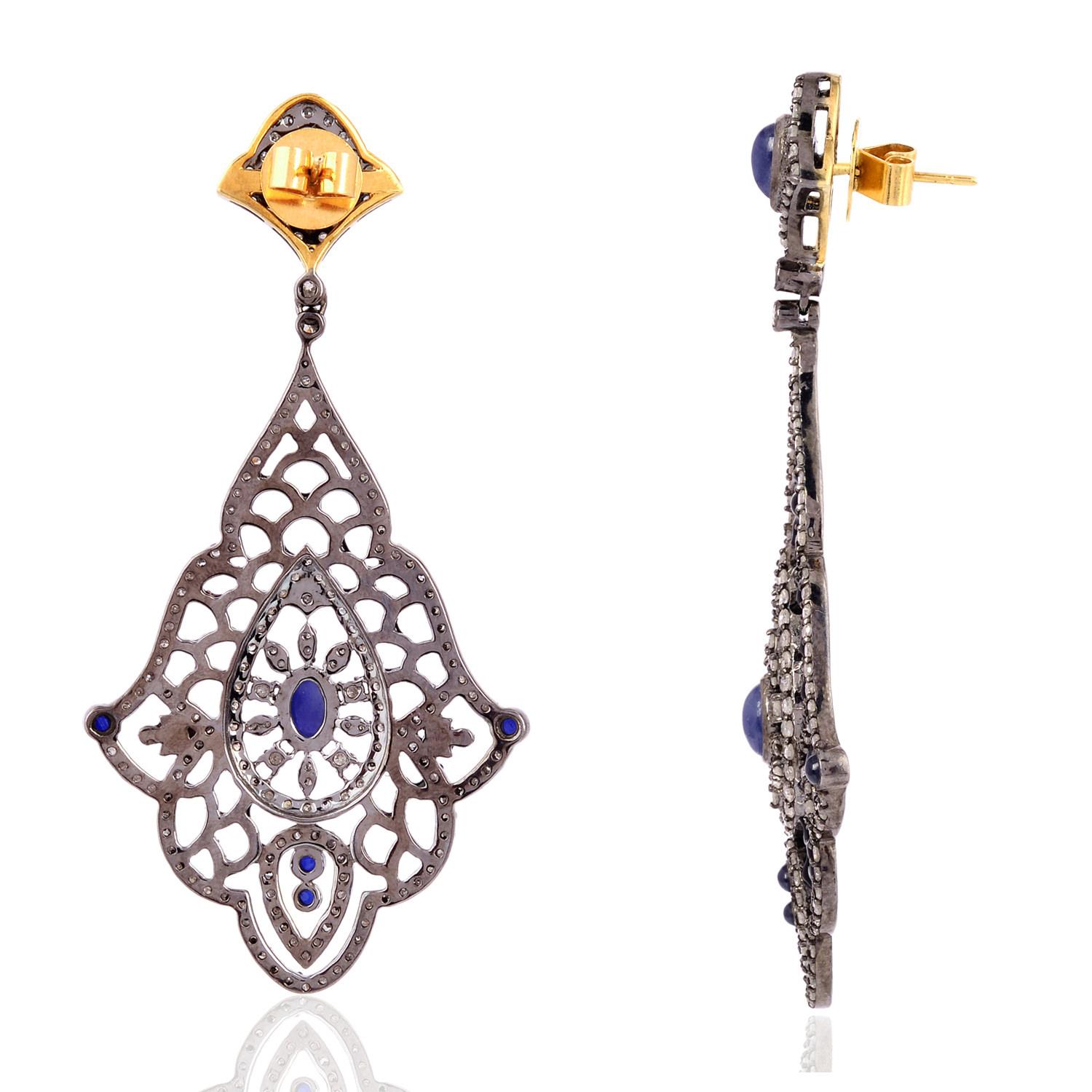 Round Cut Designer Dangle Earring with Sapphire & Pave Diamonds Made in Gold & Silver For Sale