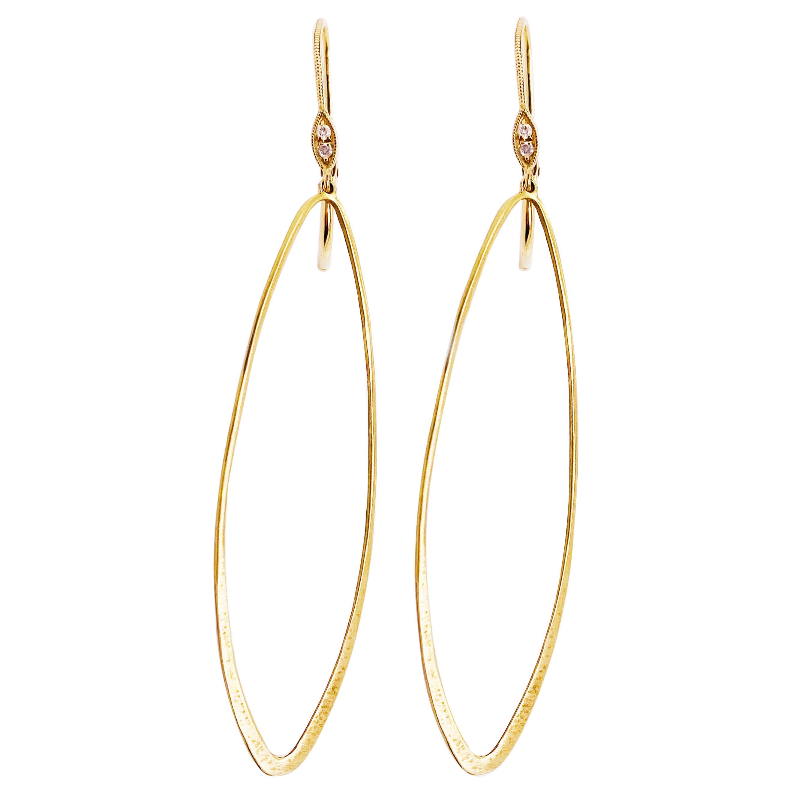 Designer Dangle Earrings, 14 Karat Gold Brush Diamond Design, Oval