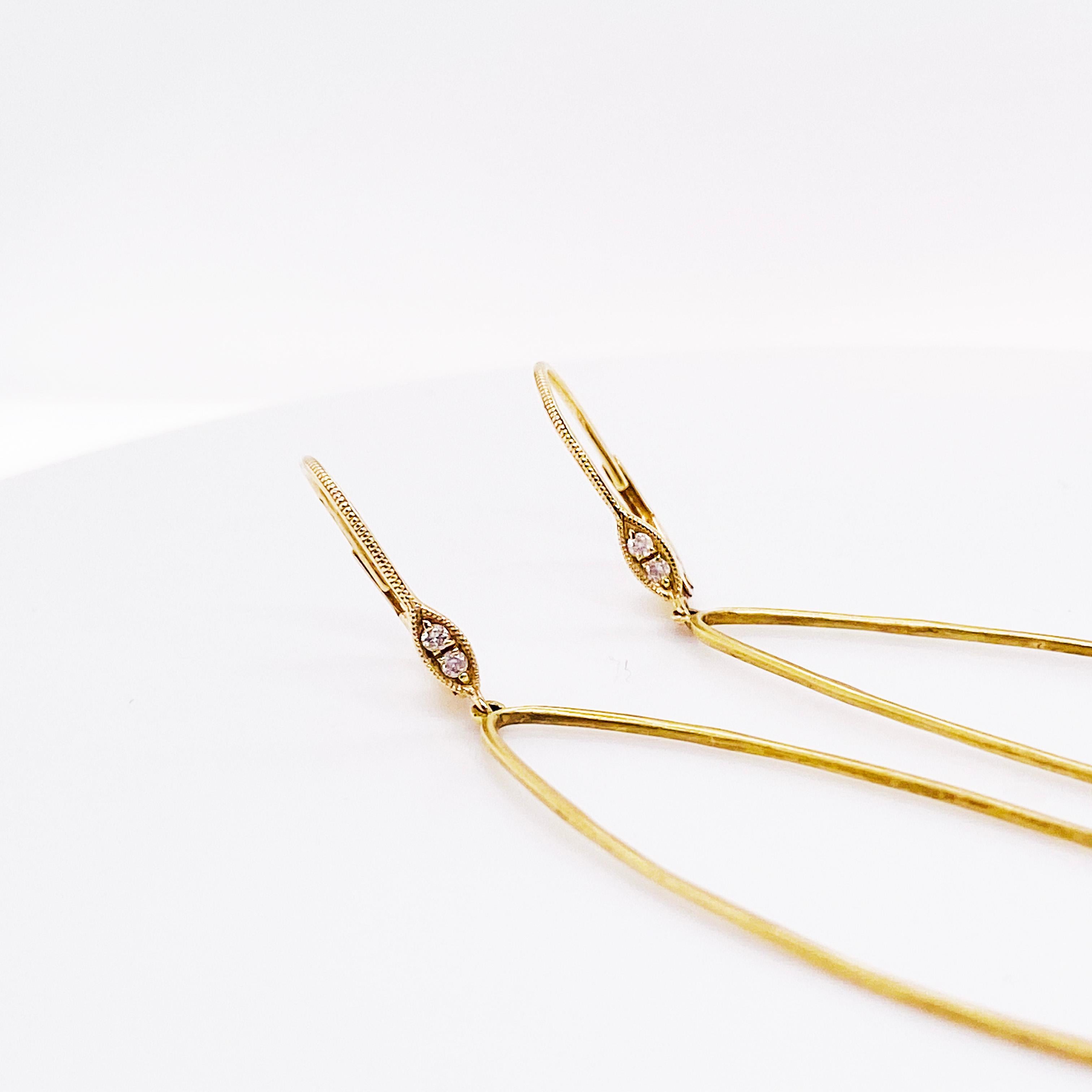Artisan Designer Dangle Earrings, 14 Karat Gold Brush Diamond Design, Oval For Sale