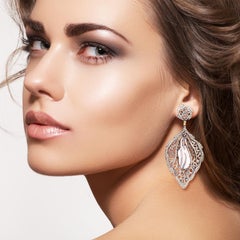 Dangle Earring With Center Stone Caged Pearl & Pave DiamondS In Gold & Silver