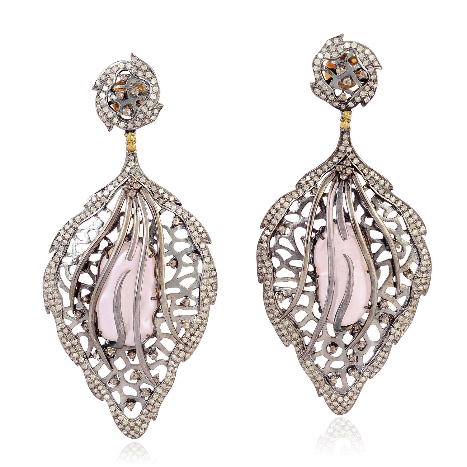 Rose Cut Dangle Earring With Center Stone Caged Pearl & Pave DiamondS In Gold & Silver For Sale