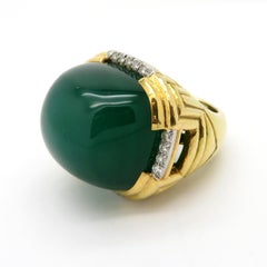 Designer David Webb 18K & Platinum Large Men’s Green Chalcedony & Diamond Ring