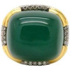  Designer David Webb 18K & Platinum Large Men’s Green Chalcedony & Diamond Ring