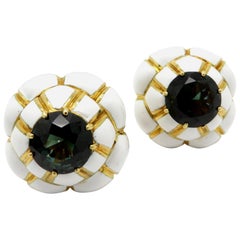 Designer David Webb 8.00 Carat Green Tourmaline White Enamel 18 Karat Earrings