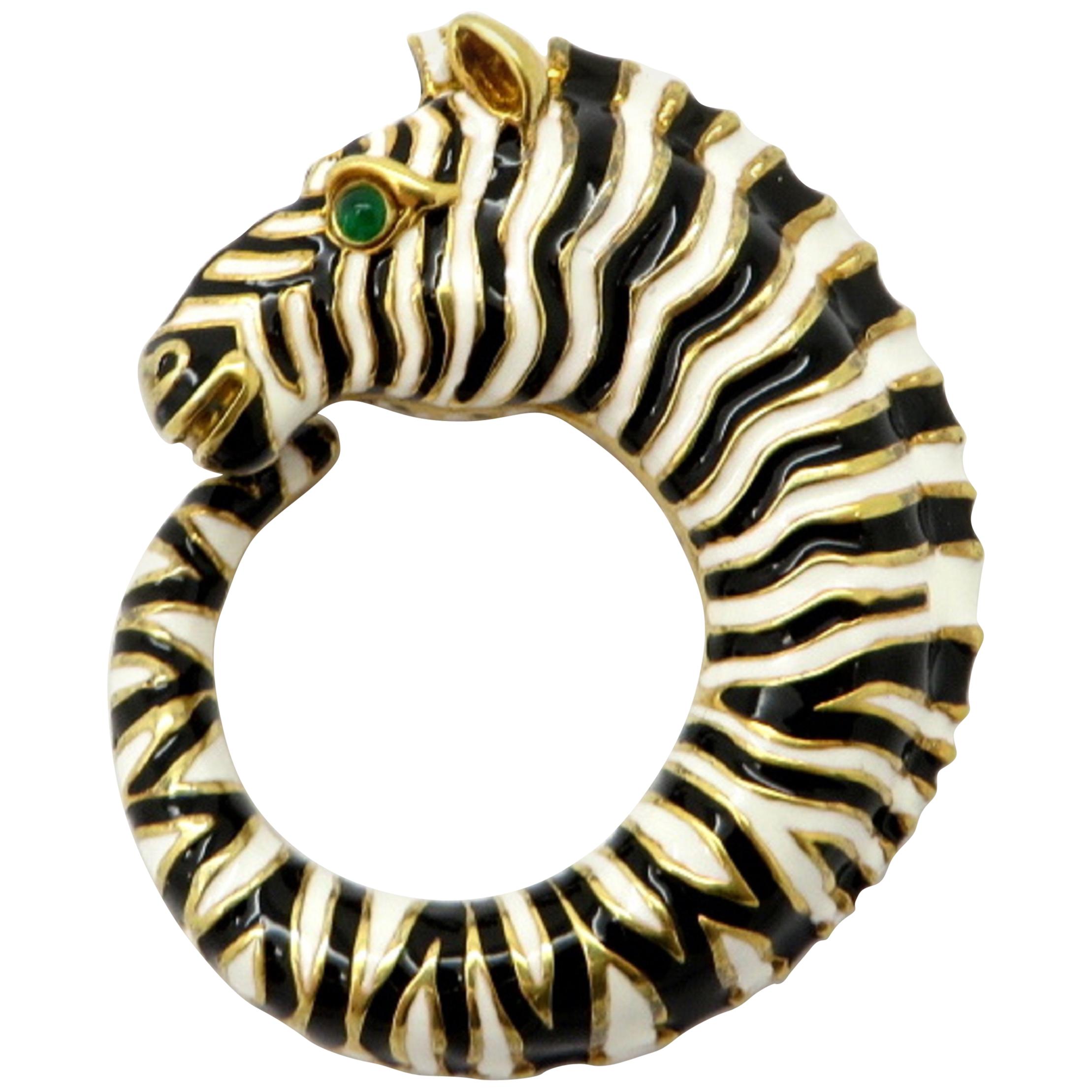 Designer David Webb Zebra Enamel and 18 Karat Gold Pendant