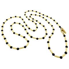 Designer David Yurman Onyx and Gold Bar Long Chain Necklace 18 Karat Gold