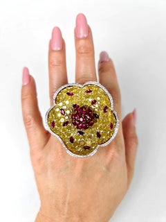 Designer De Grisogono Big Floral Cocktail Ring with Ruby, Yellow & White Diamond