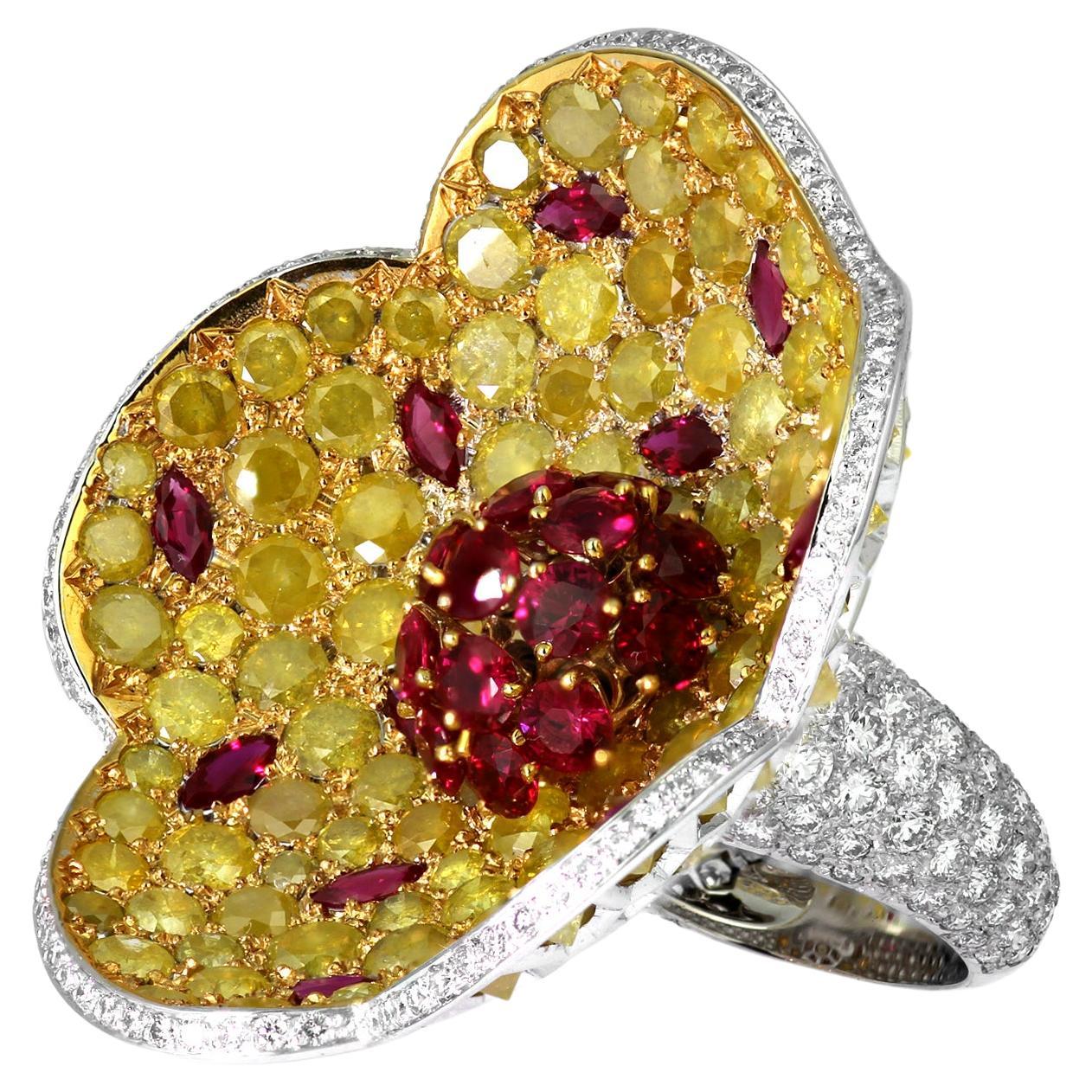 Modern Designer De Grisogono Big Floral Cocktail Ring with Ruby, Yellow & White Diamond
