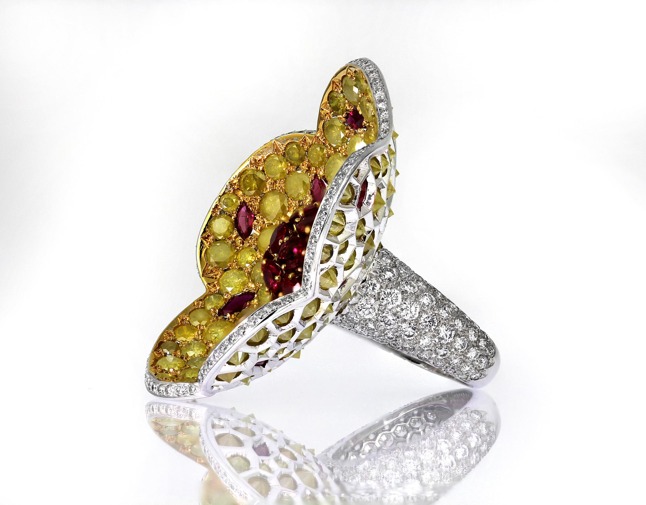 Designer De Grisogono Big Floral Cocktail Ring with Ruby, Yellow & White Diamond In Excellent Condition In London, GB