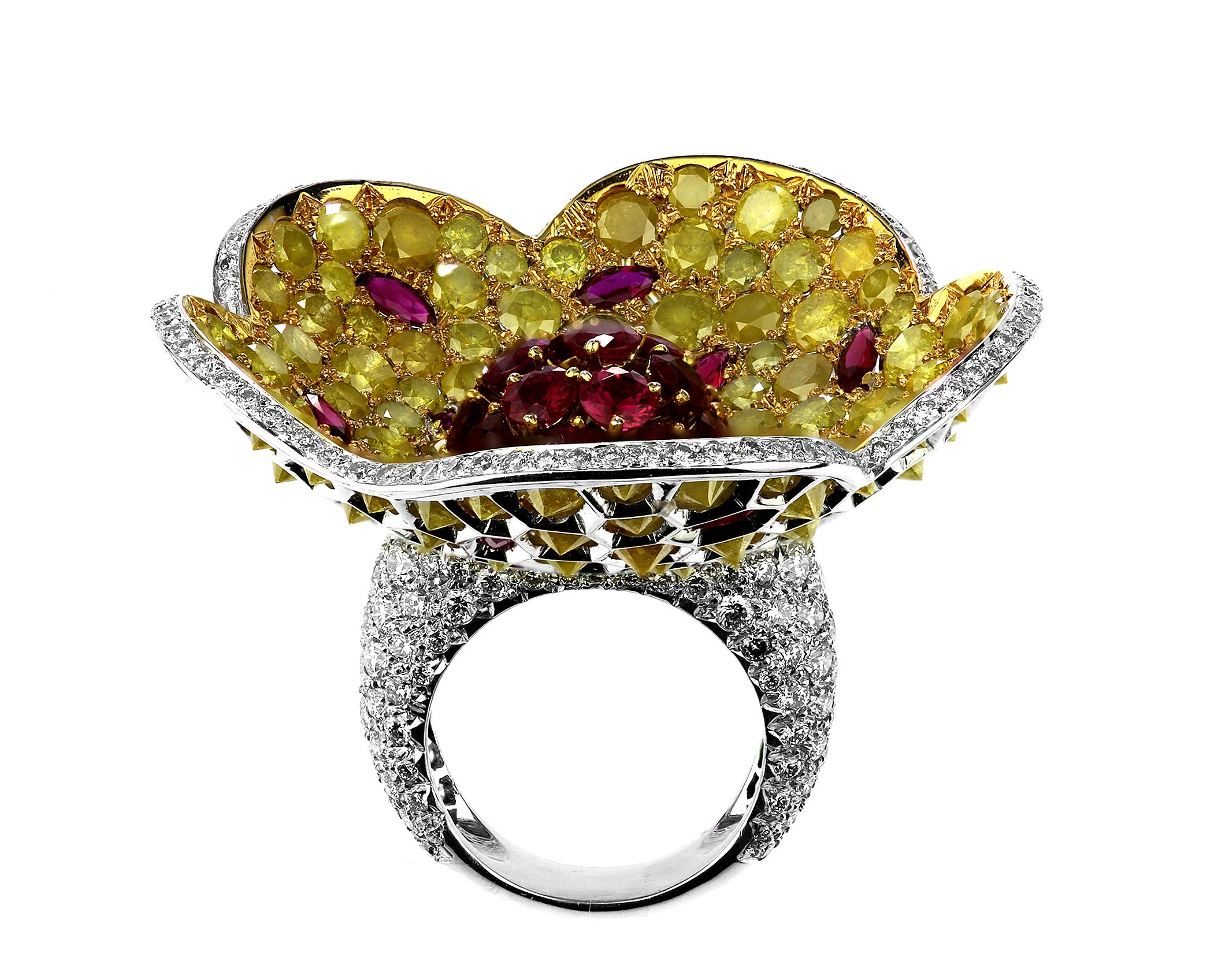 Women's Designer De Grisogono Big Floral Cocktail Ring with Ruby, Yellow & White Diamond