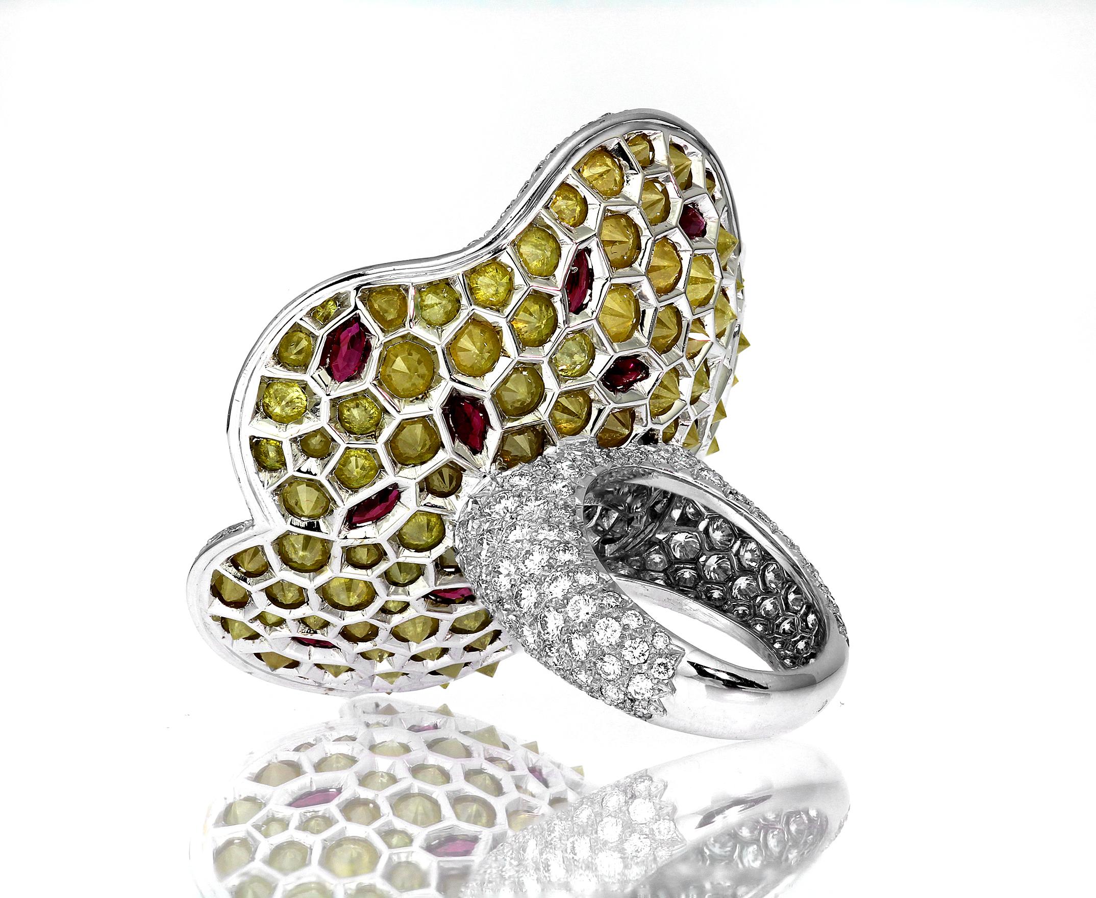 Designer De Grisogono Big Floral Cocktail Ring with Ruby, Yellow & White Diamond 1