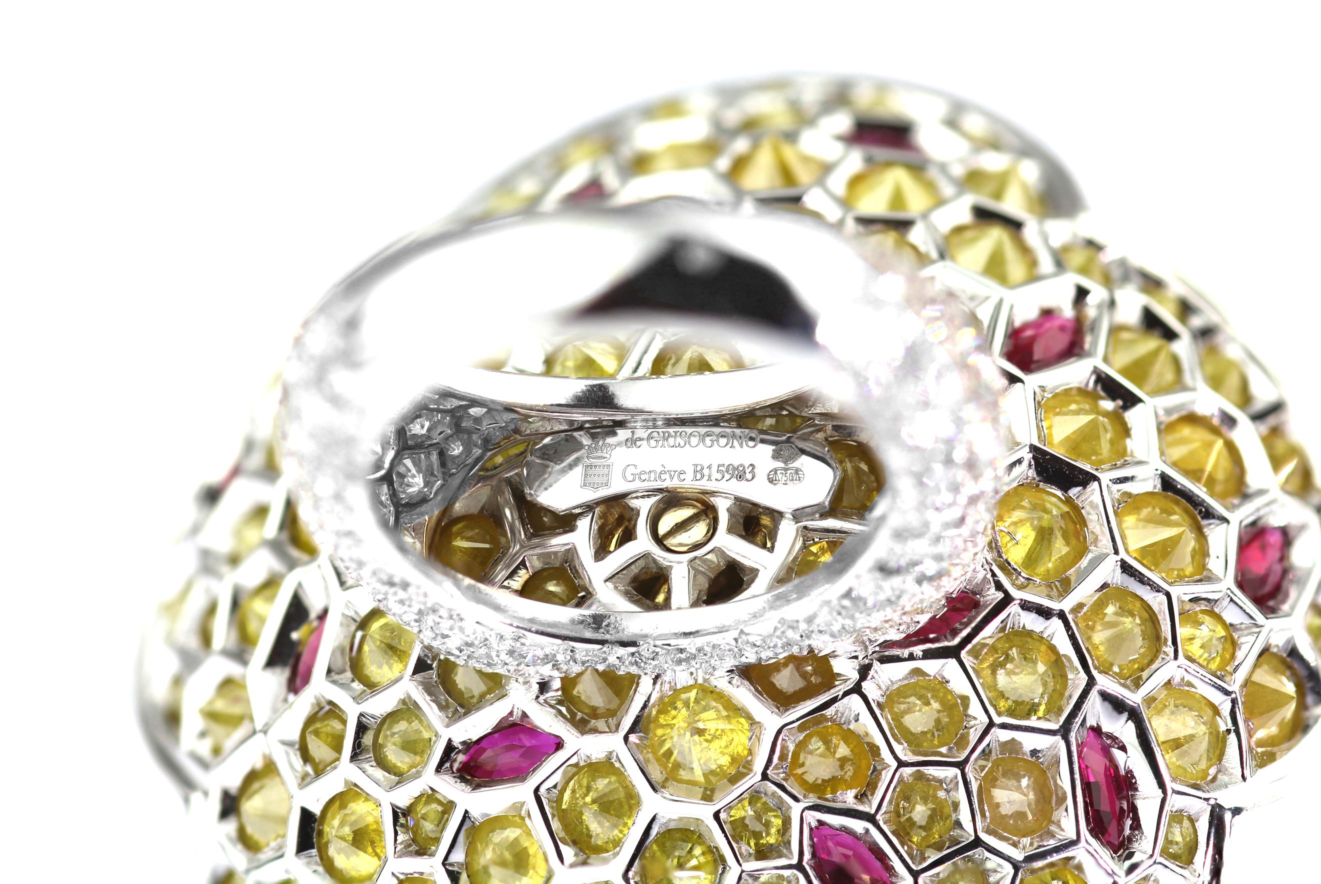 Designer De Grisogono Big Floral Cocktail Ring with Ruby, Yellow & White Diamond 2