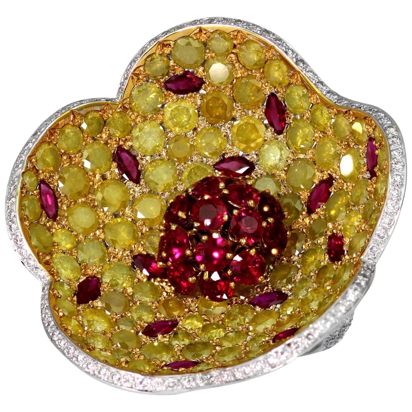 Modern Designer De Grisogono Big Floral Cocktail Ring with Ruby, Yellow & White Diamond