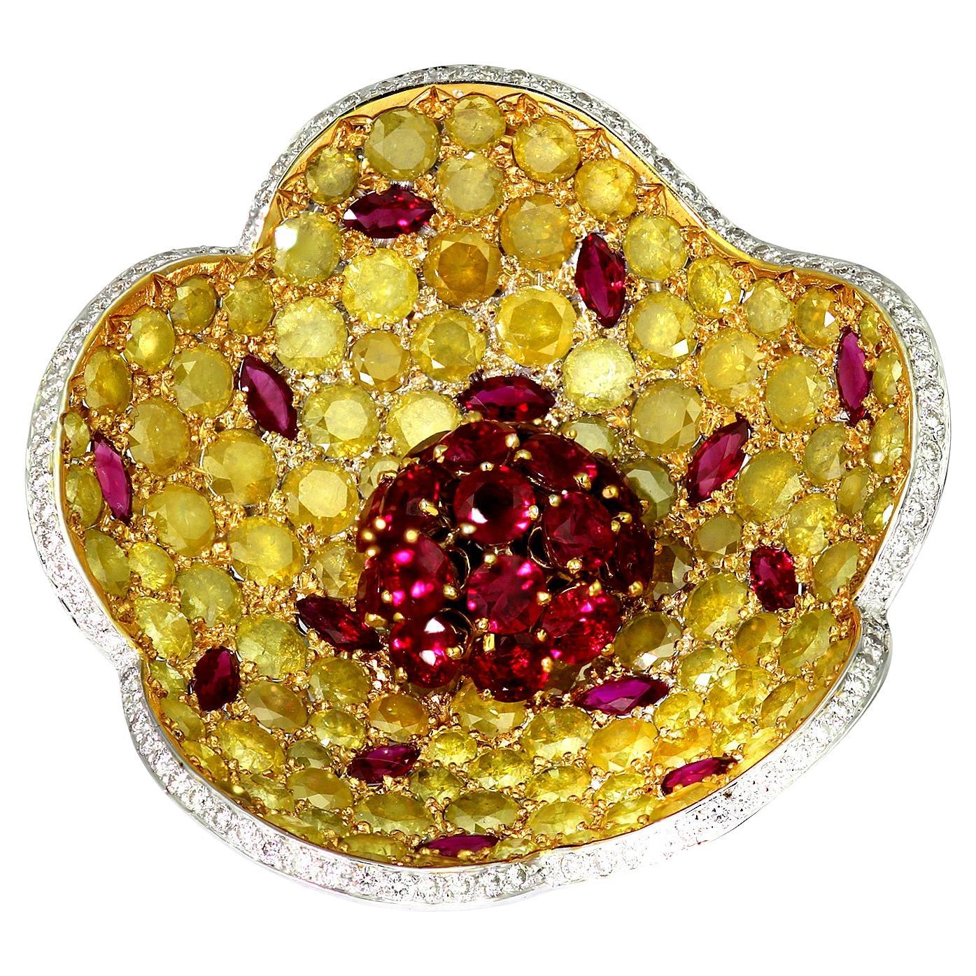 Designer De Grisogono Big Floral Cocktail Ring with Ruby, Yellow & White Diamond