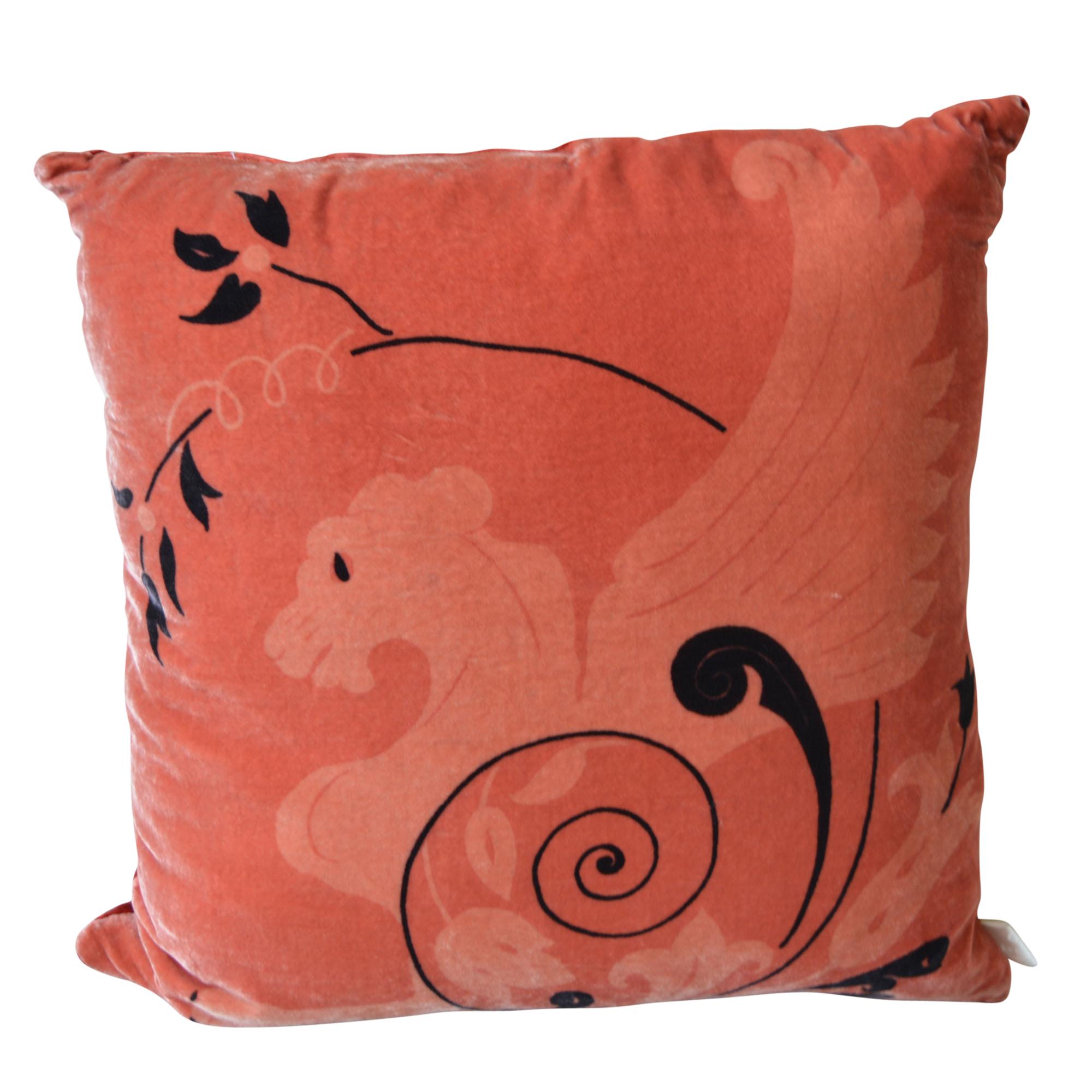 Pair of rich hand-dyed velvet pillows with sphinx design in black on ginger background. The inserts are filled with high quality kapok – natural filling that maintains its shape. When it needs refreshing give it a sunbath. 

Pillow Cover:
