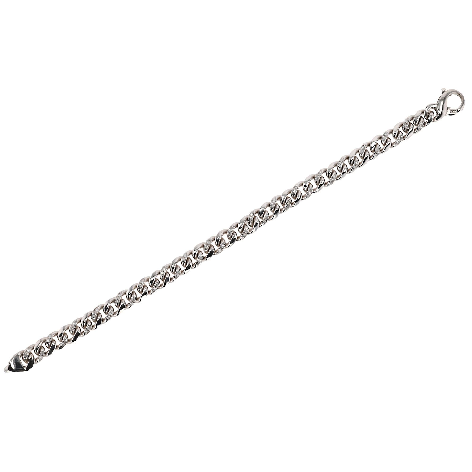Taglio rotondo Bracciale Cuban Link con diamanti in oro bianco 14k in vendita