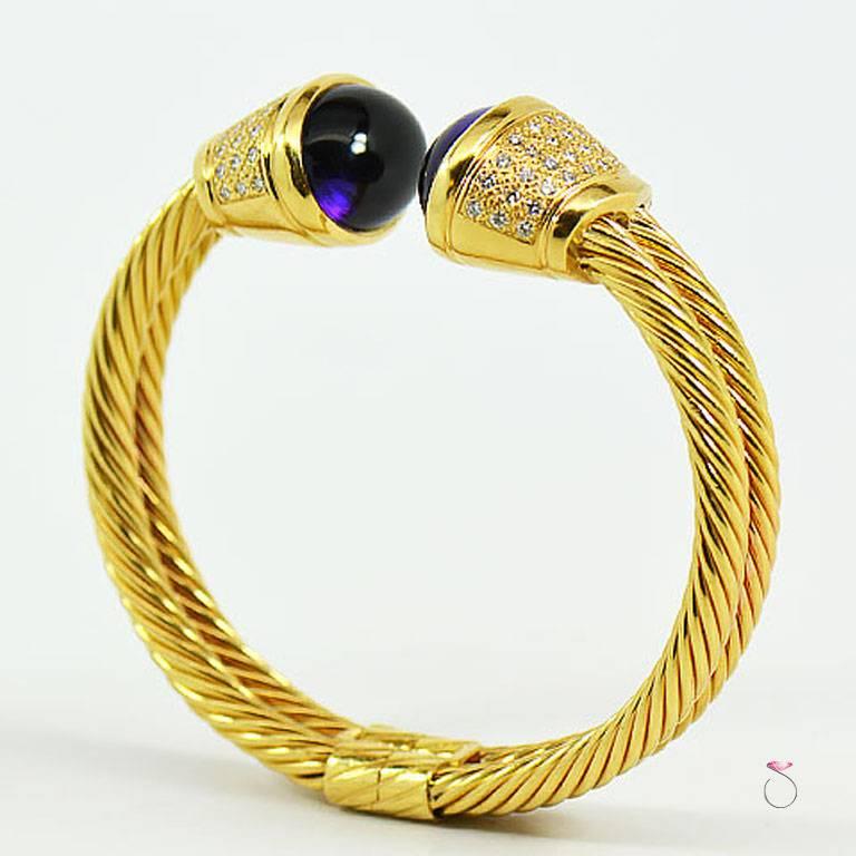 Contemporary Designer Diamond Amethyst 18 Karat Yellow Gold Bangle Cuff Bracelet For Sale
