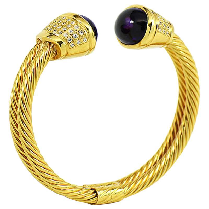 Designer Diamond Amethyst 18 Karat Yellow Gold Bangle Cuff Bracelet For Sale