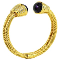 Designer Diamond Amethyst 18 Karat Yellow Gold Bangle Cuff Bracelet