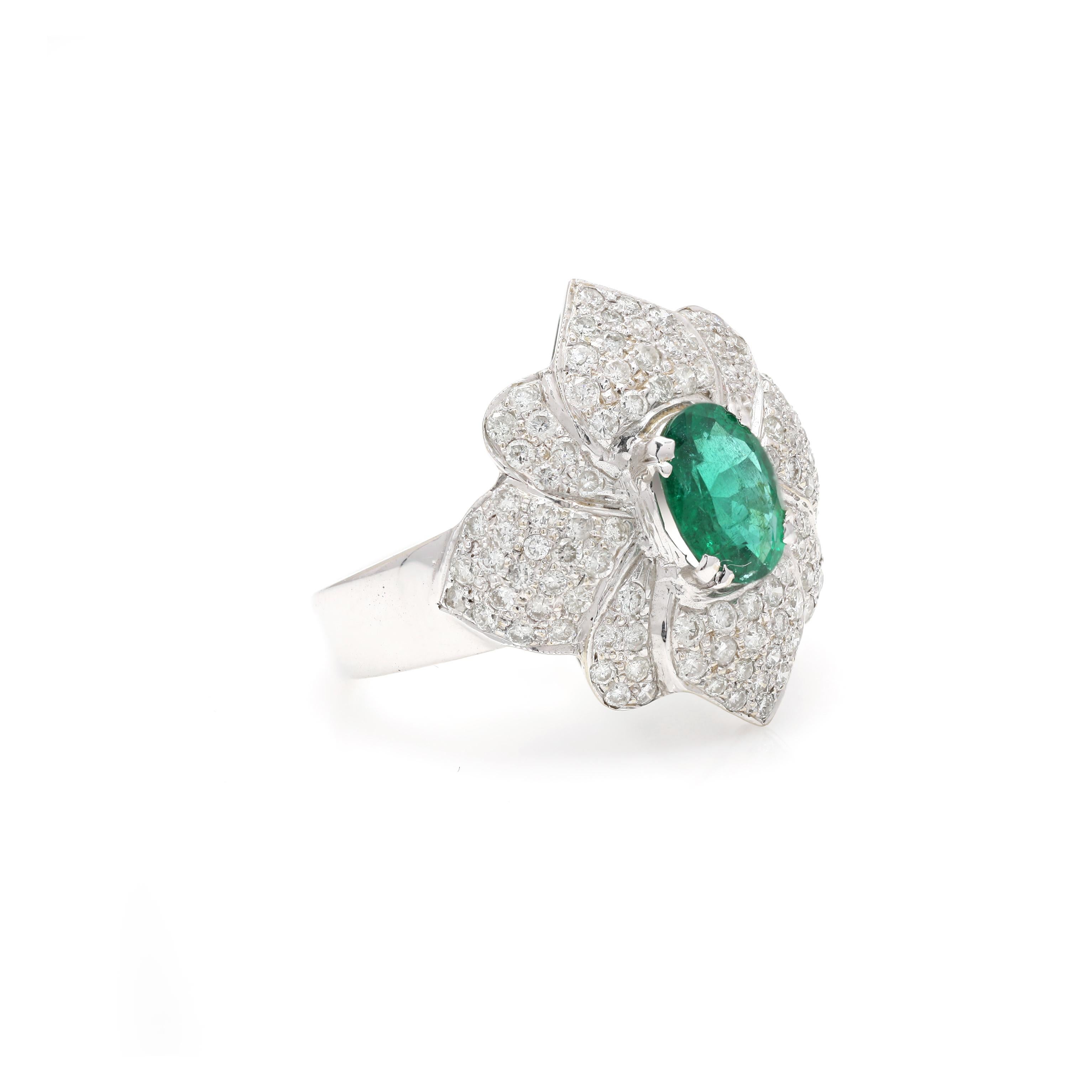For Sale:  Designer Diamond and Emerald Floral Statement Ring in Solid 18k White Gold 2