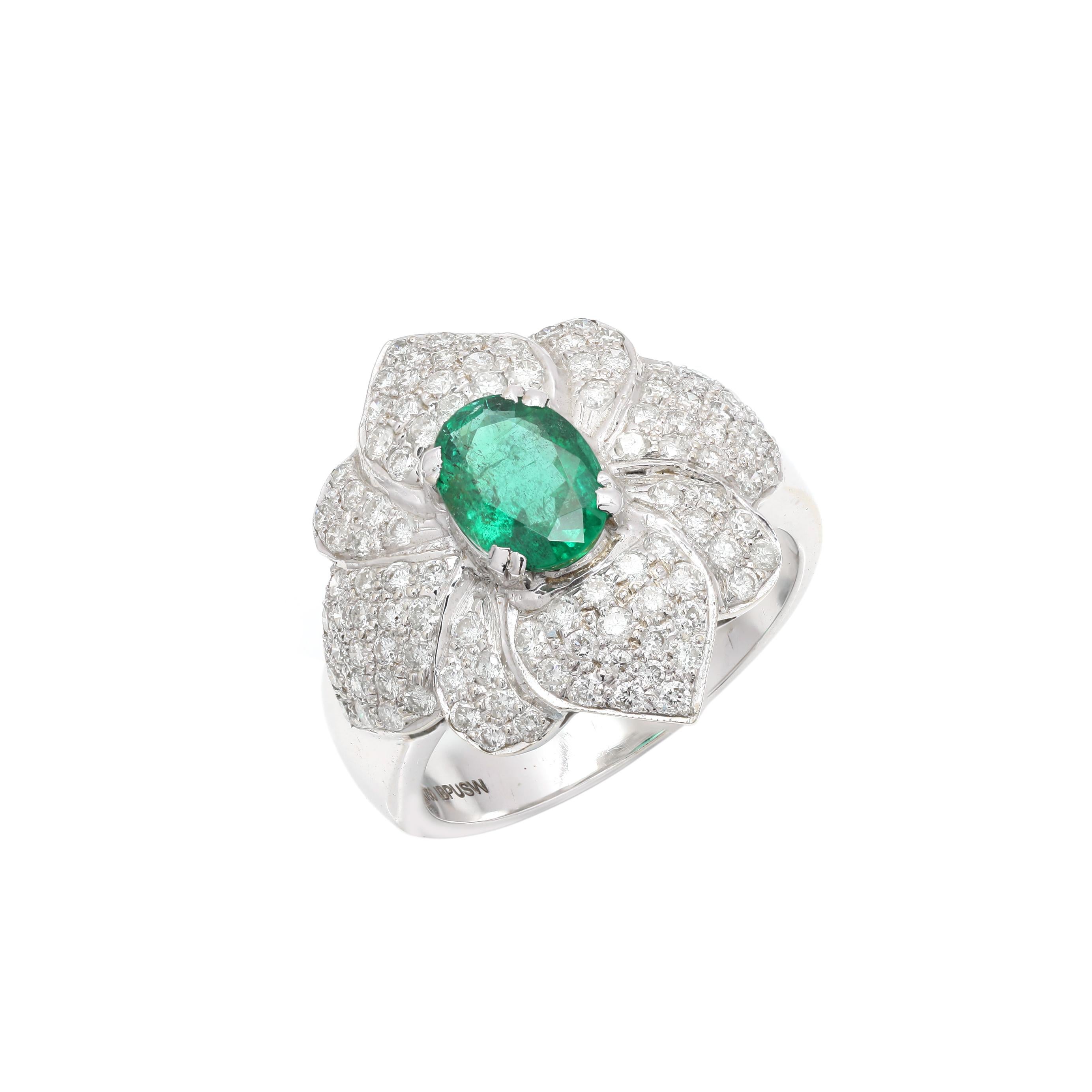 For Sale:  Designer Diamond and Emerald Floral Statement Ring in Solid 18k White Gold 3
