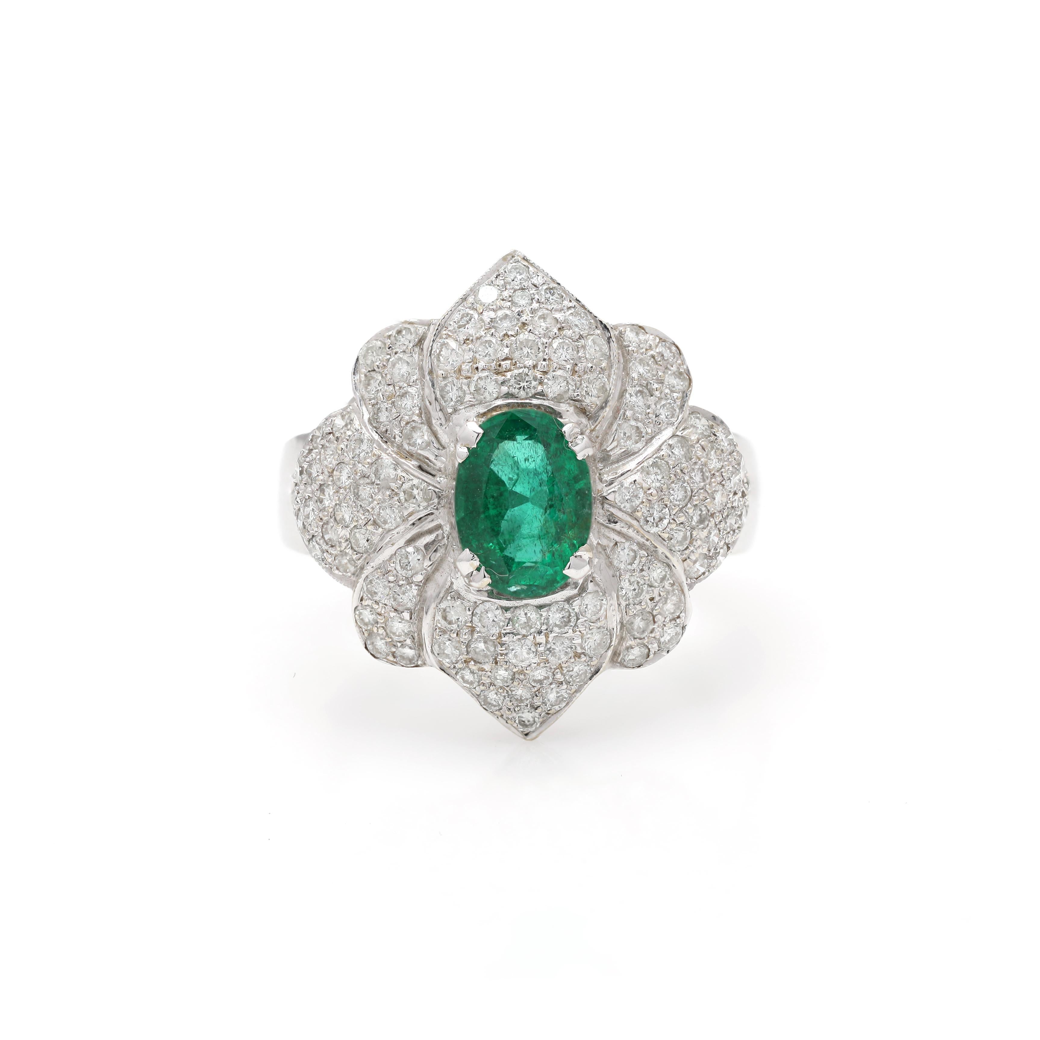 For Sale:  Designer Diamond and Emerald Floral Statement Ring in Solid 18k White Gold 4