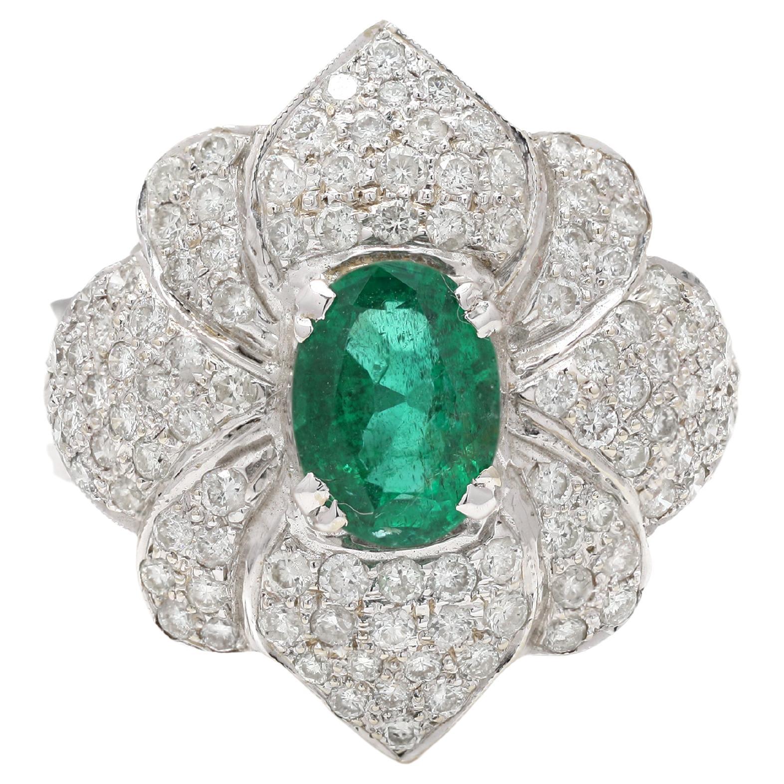 For Sale:  Designer Diamond and Emerald Floral Statement Ring in Solid 18k White Gold