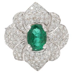 Designer Diamond and Emerald Floral Statement Ring in Solid 18k White Gold