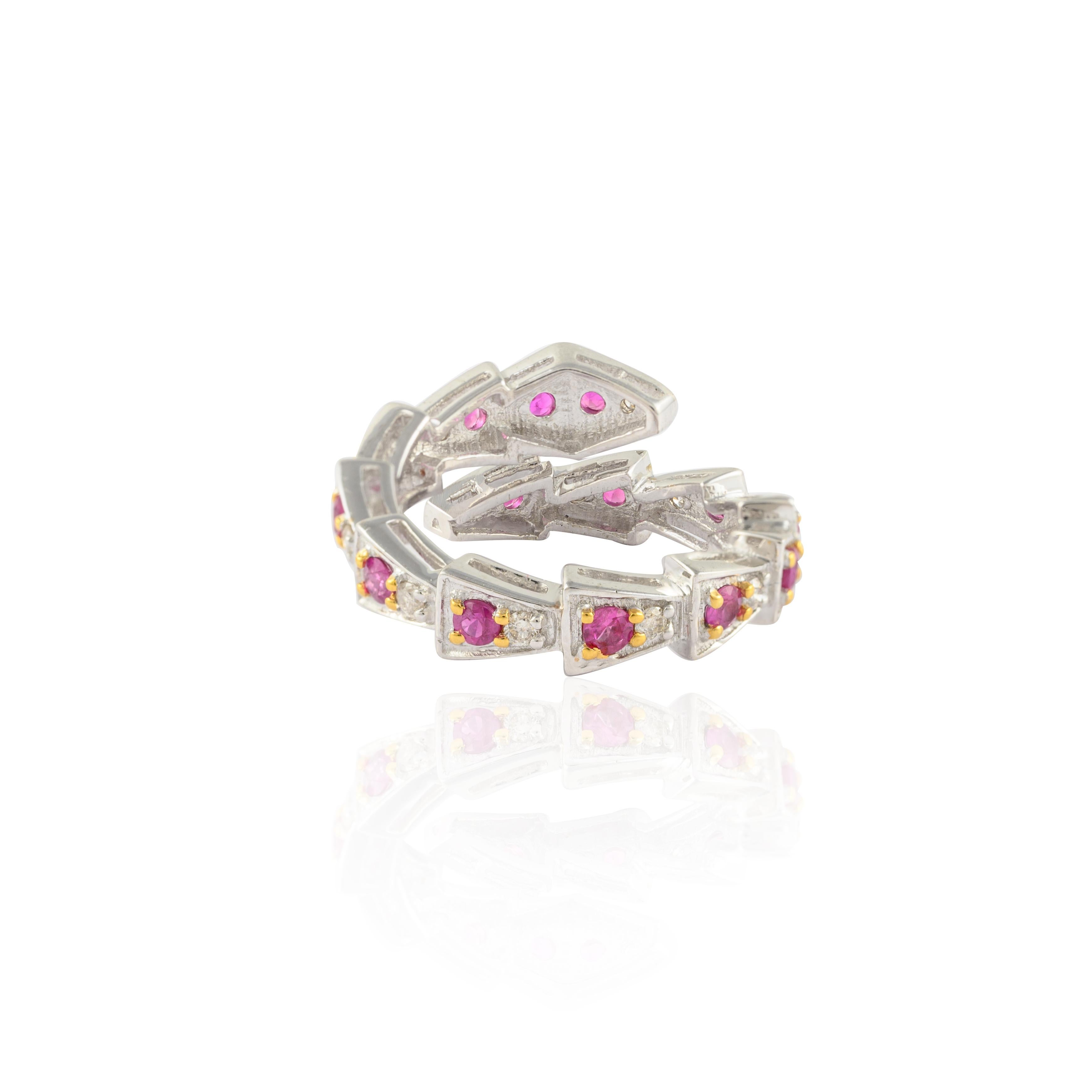 For Sale:  Diamond and Natural Ruby Snake Ring in 14K Solid White Gold 5