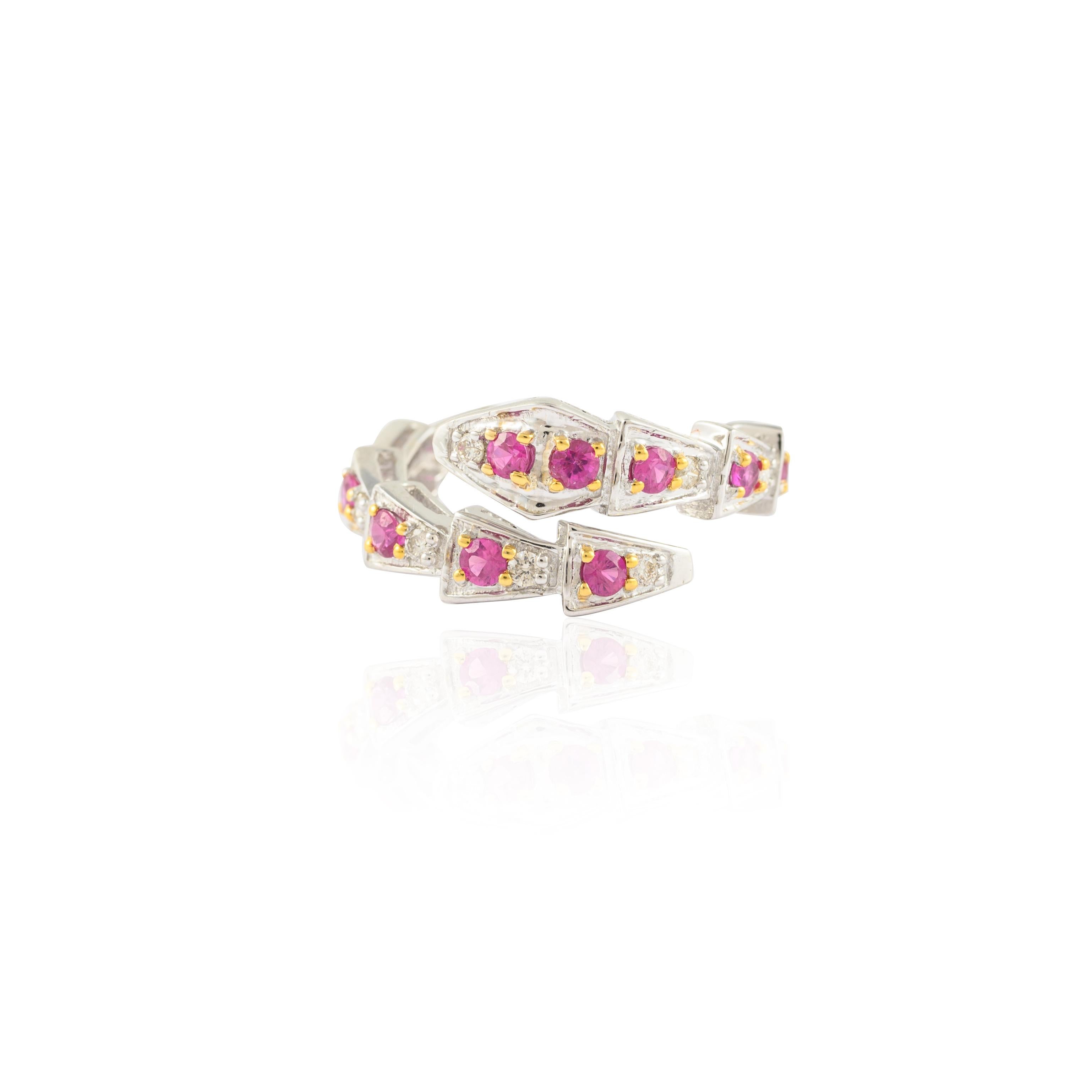 For Sale:  Diamond and Natural Ruby Snake Ring in 14K Solid White Gold 7
