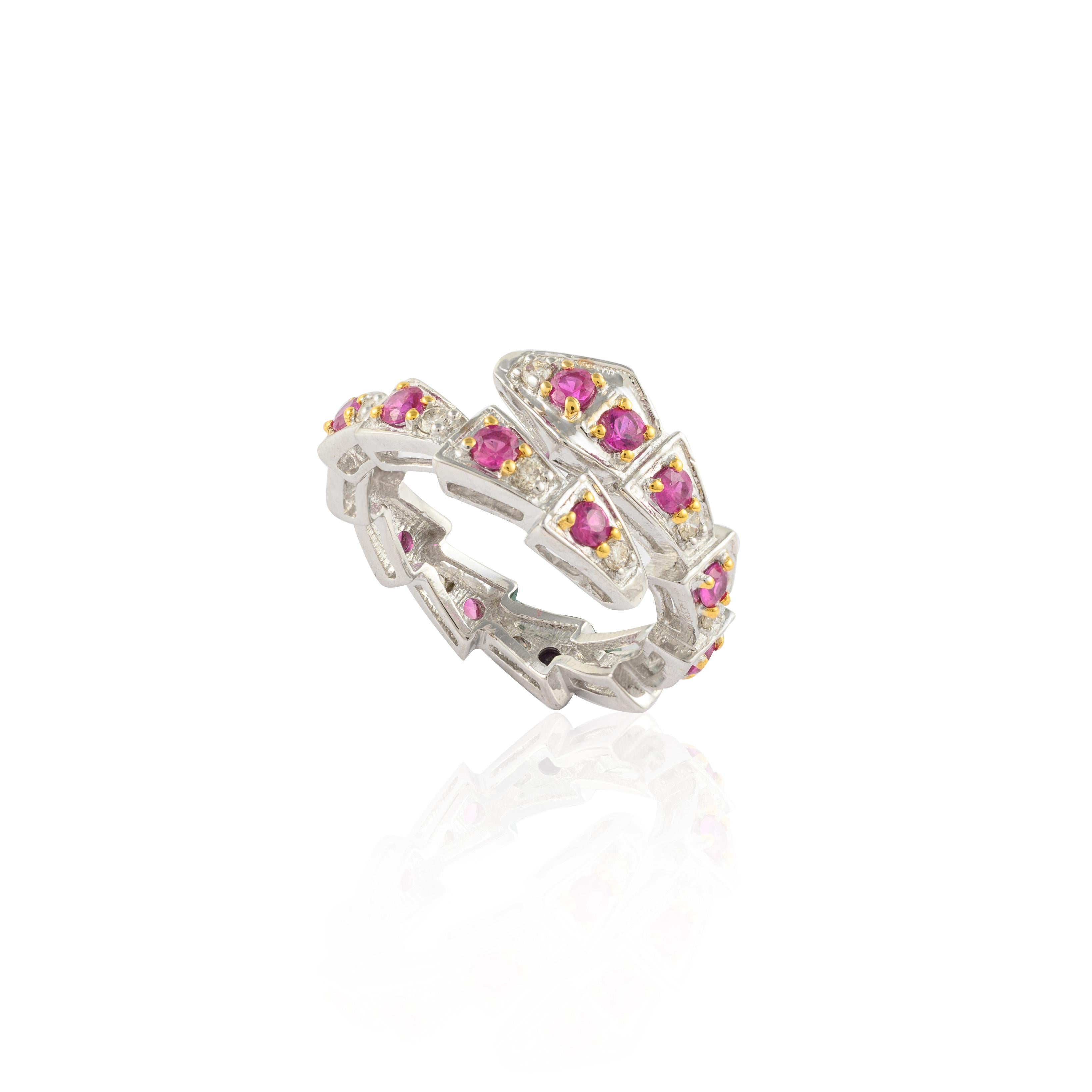 For Sale:  Diamond and Natural Ruby Snake Ring in 14K Solid White Gold 9