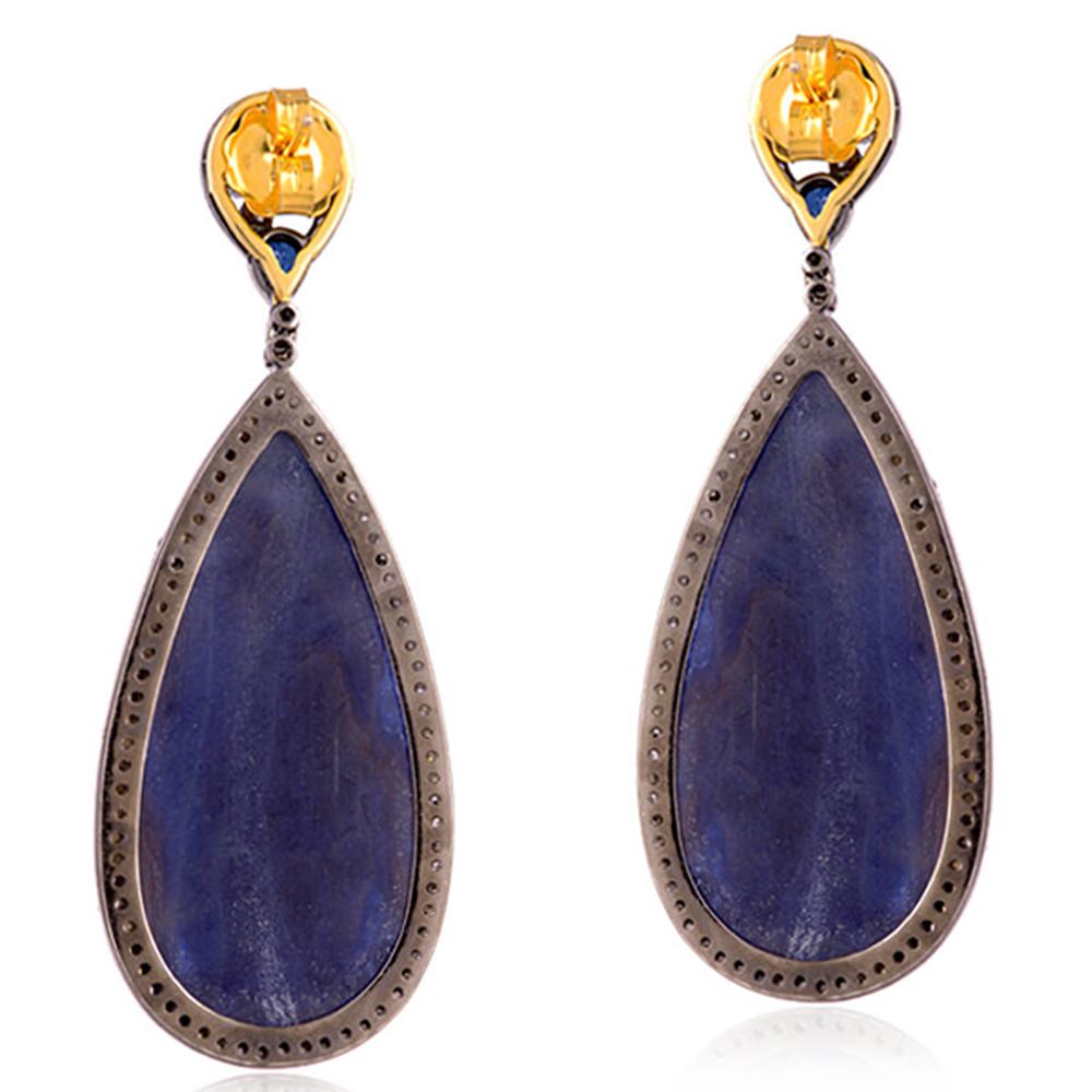 Artisan Designer Diamond and Slice Blue Sapphire Dangle Earring in Gold and Silver For Sale