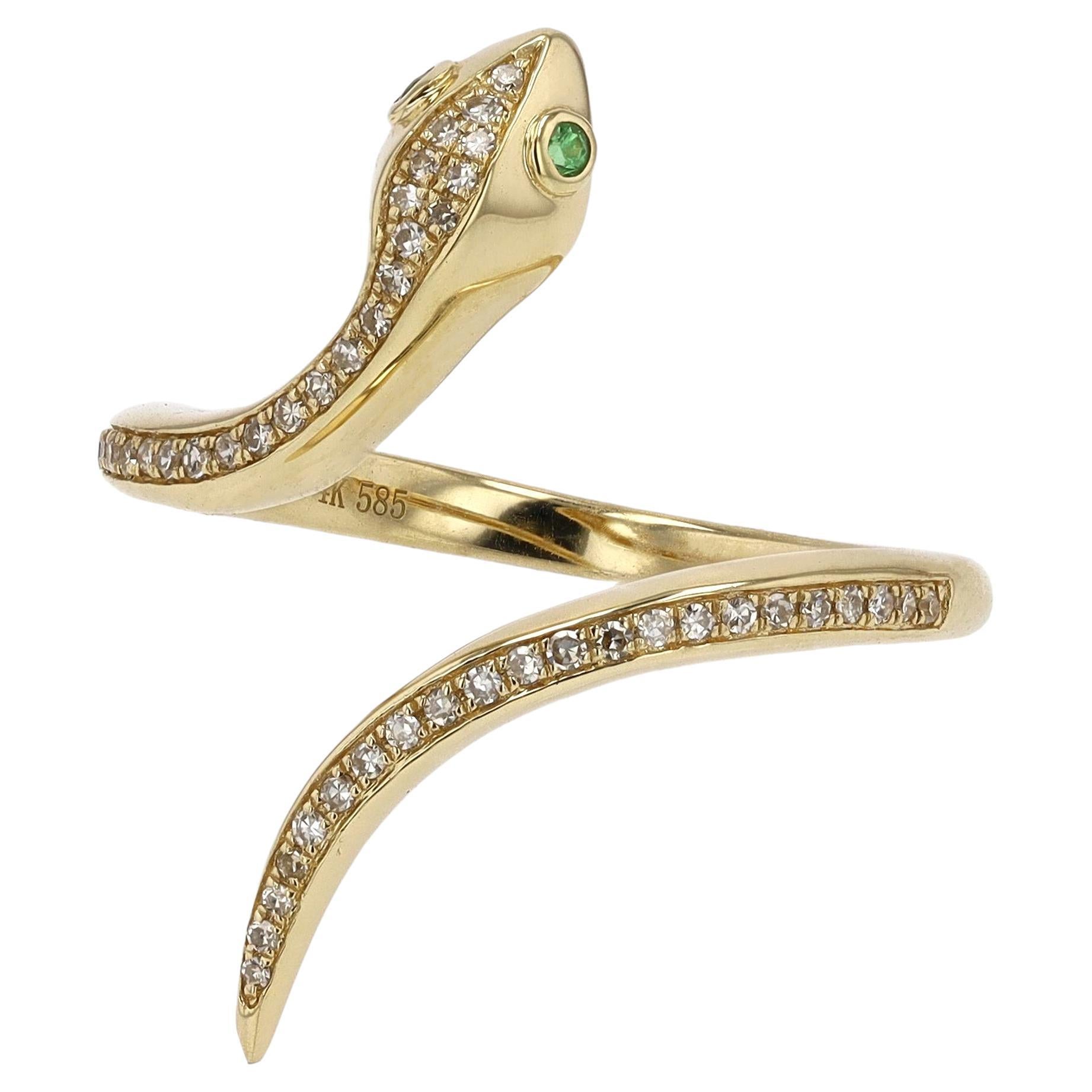 Designer Diamond and Tsavorite Garnet Snake Ring For Sale