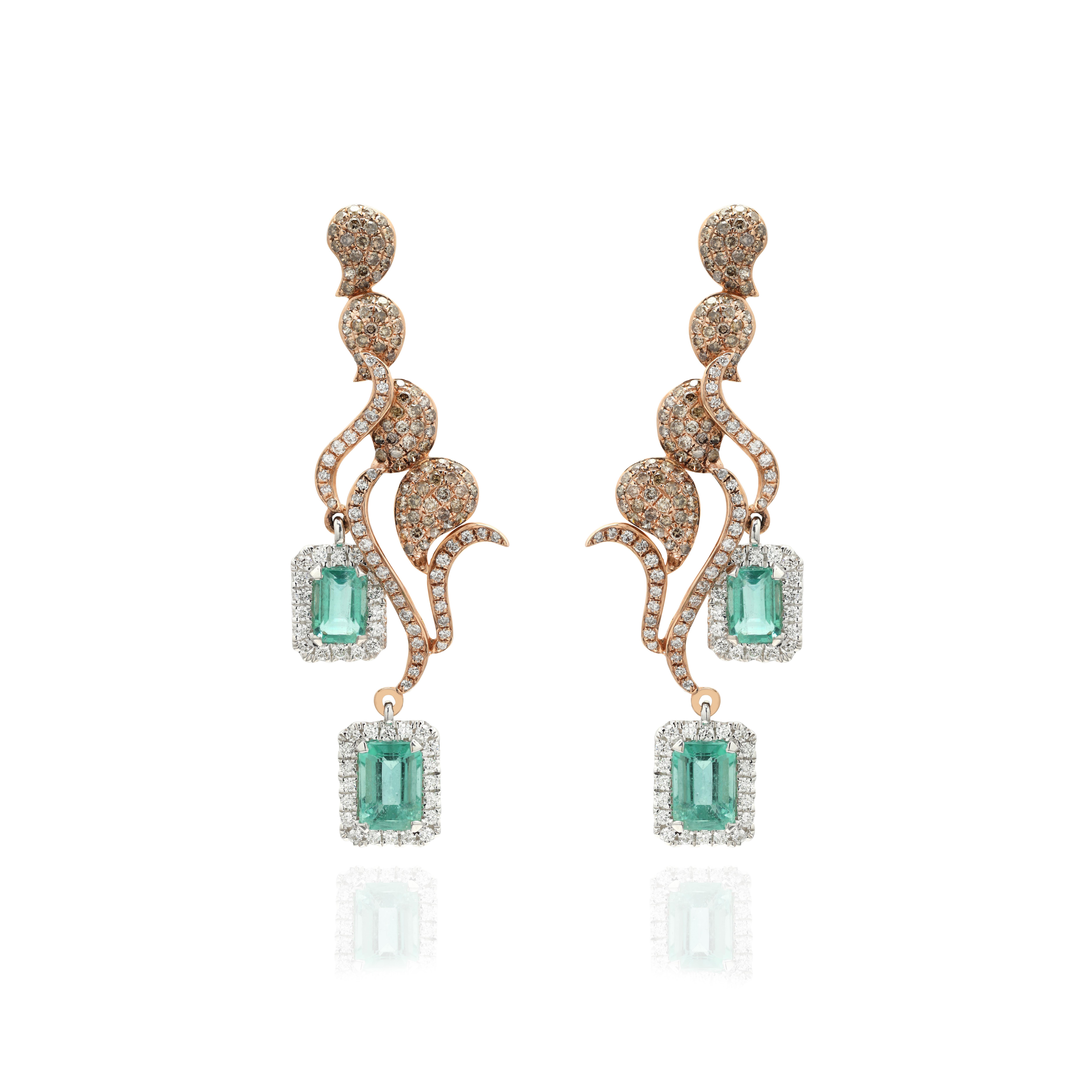 Designer Emerald and Diamond Dangle Earrings to make a statement with your look. These earrings create a sparkling, luxurious look featuring octagon cut gemstone.
If you love to gravitate towards unique styles, this piece of jewelry is perfect for