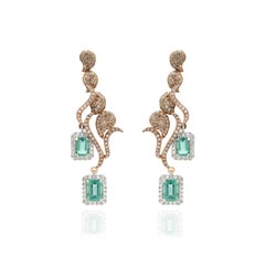 Diamond Paisley and Emerald Dangle Earrings in 14K Rose Gold, Cocktail Earrings