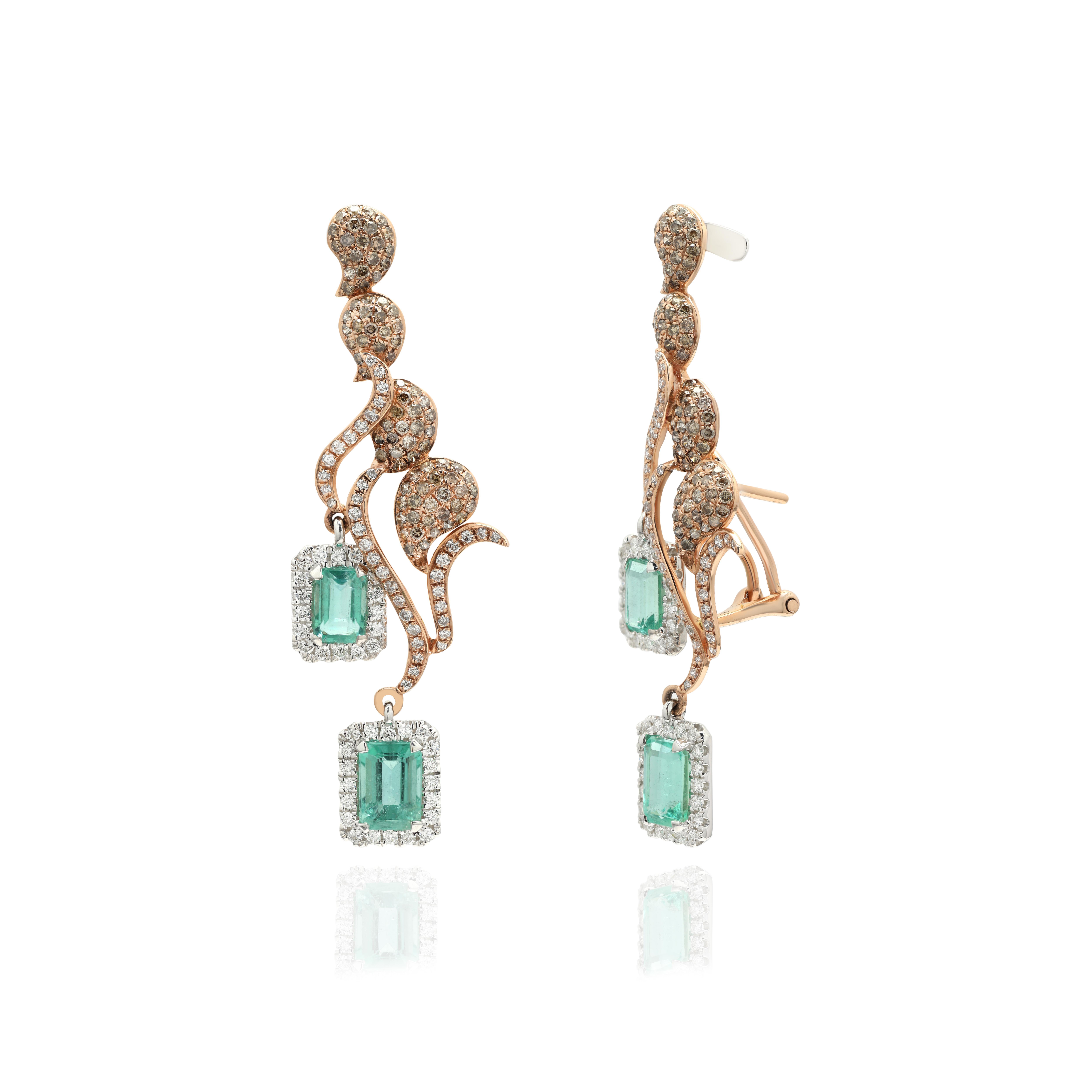Artist Diamond Paisley and Emerald Dangle Earrings in 14K Rose Gold, Cocktail Earrings For Sale