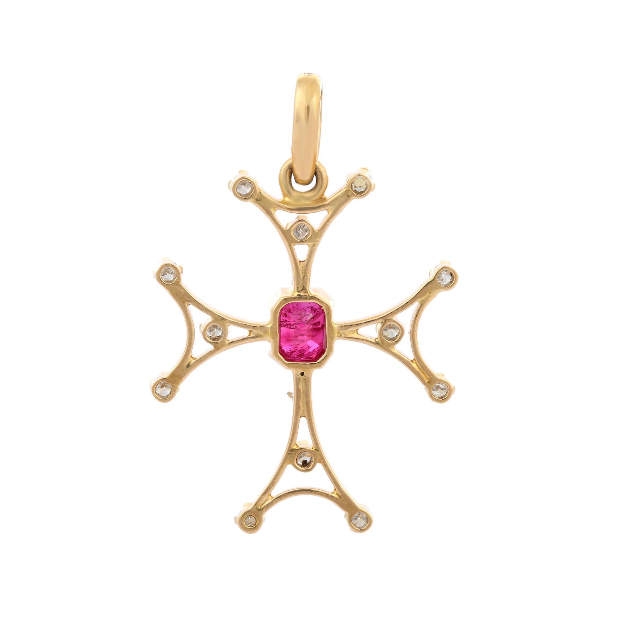 Octagon Cut Designer Diamond Ruby Cross Pendant in 18K Yellow Gold Settings For Sale