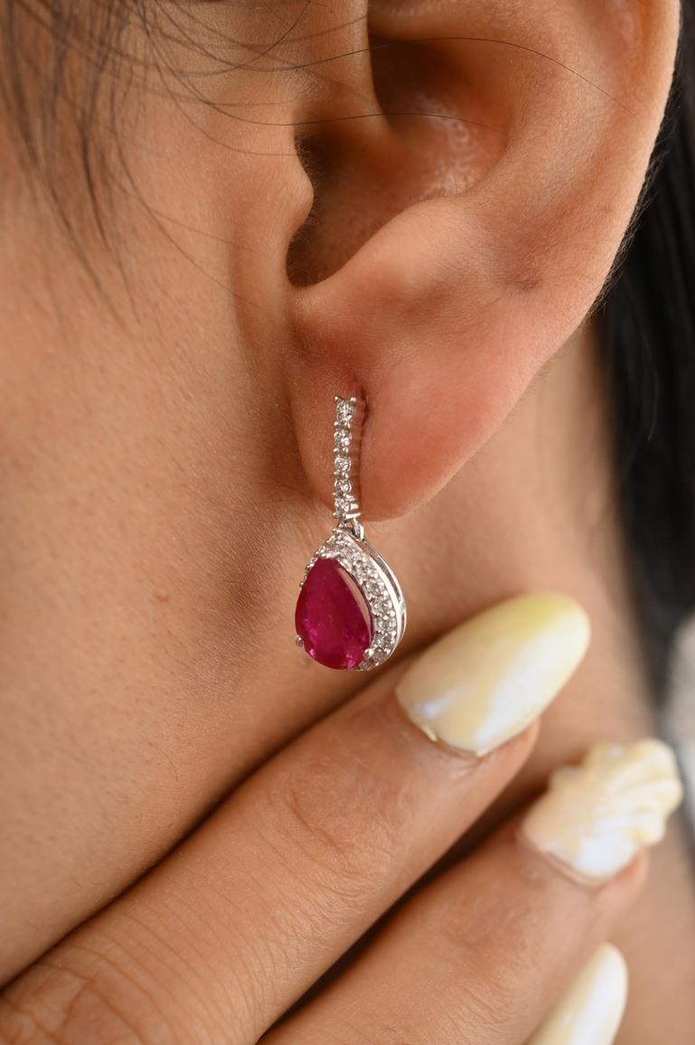 Pear Cut Designer Diamond Ruby Dangle Earrings for Mom in 14k Solid White Gold For Sale