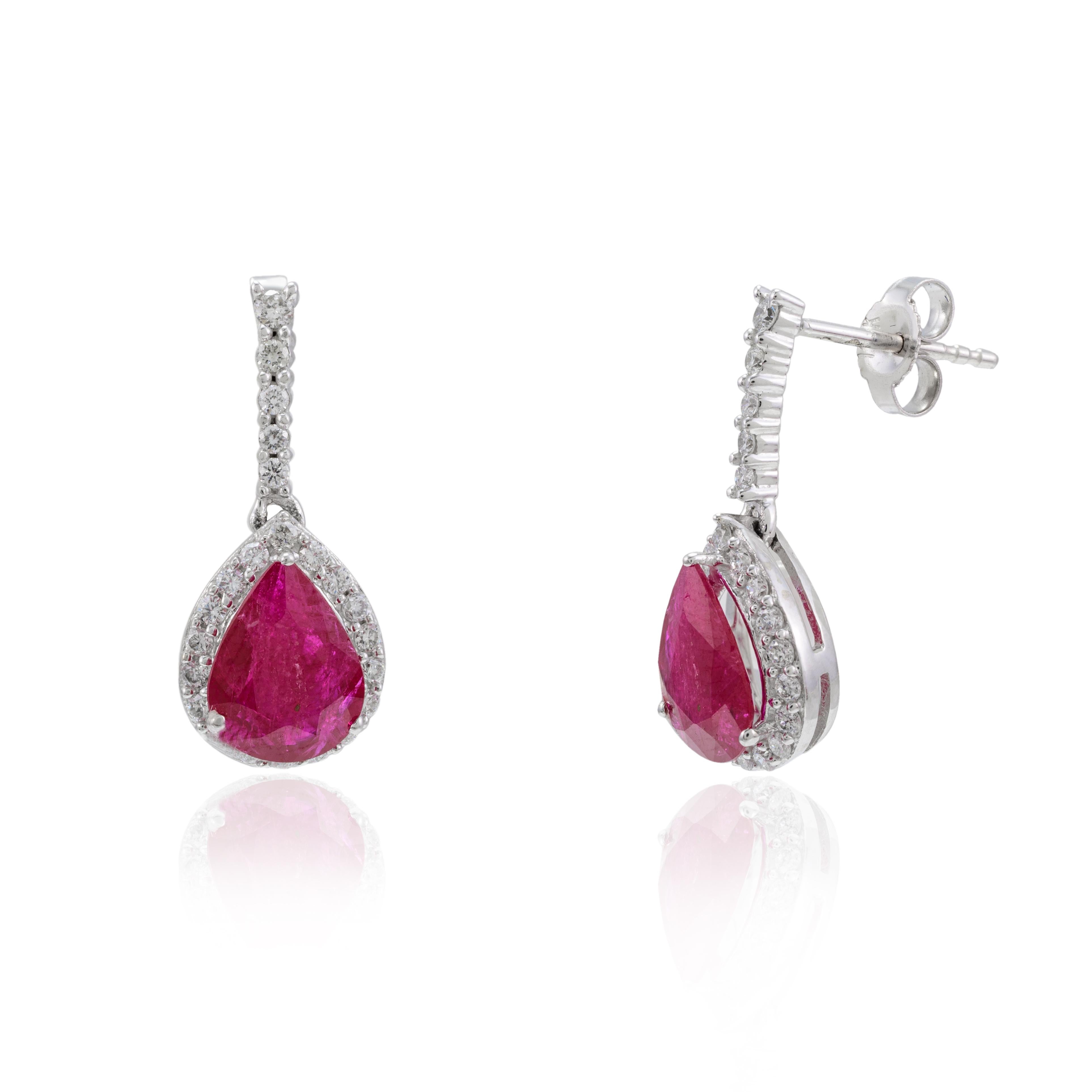 Designer Diamond Ruby Dangle Earrings for Mom in 14k Solid White Gold In New Condition For Sale In Houston, TX