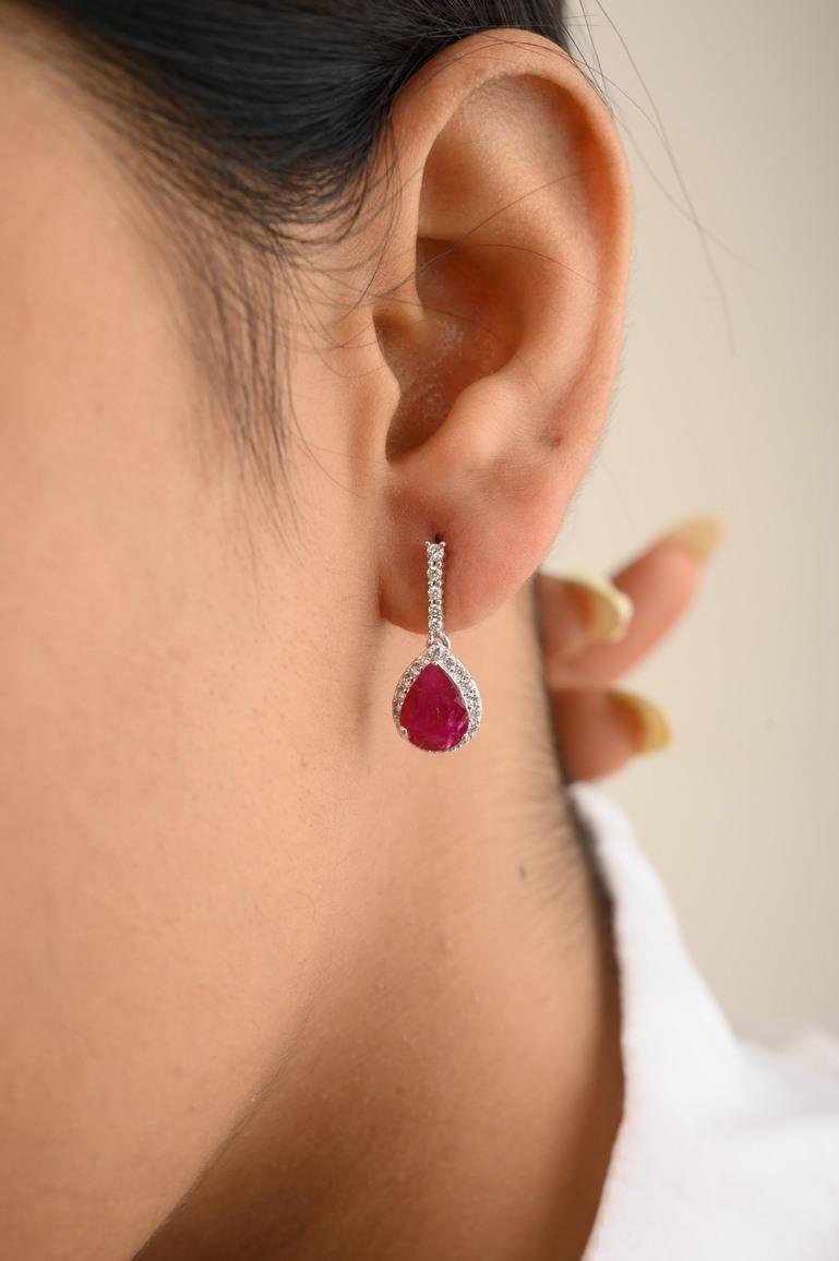 Women's Designer Diamond Ruby Dangle Earrings 14k Solid White Gold, Christmas Gift For Sale