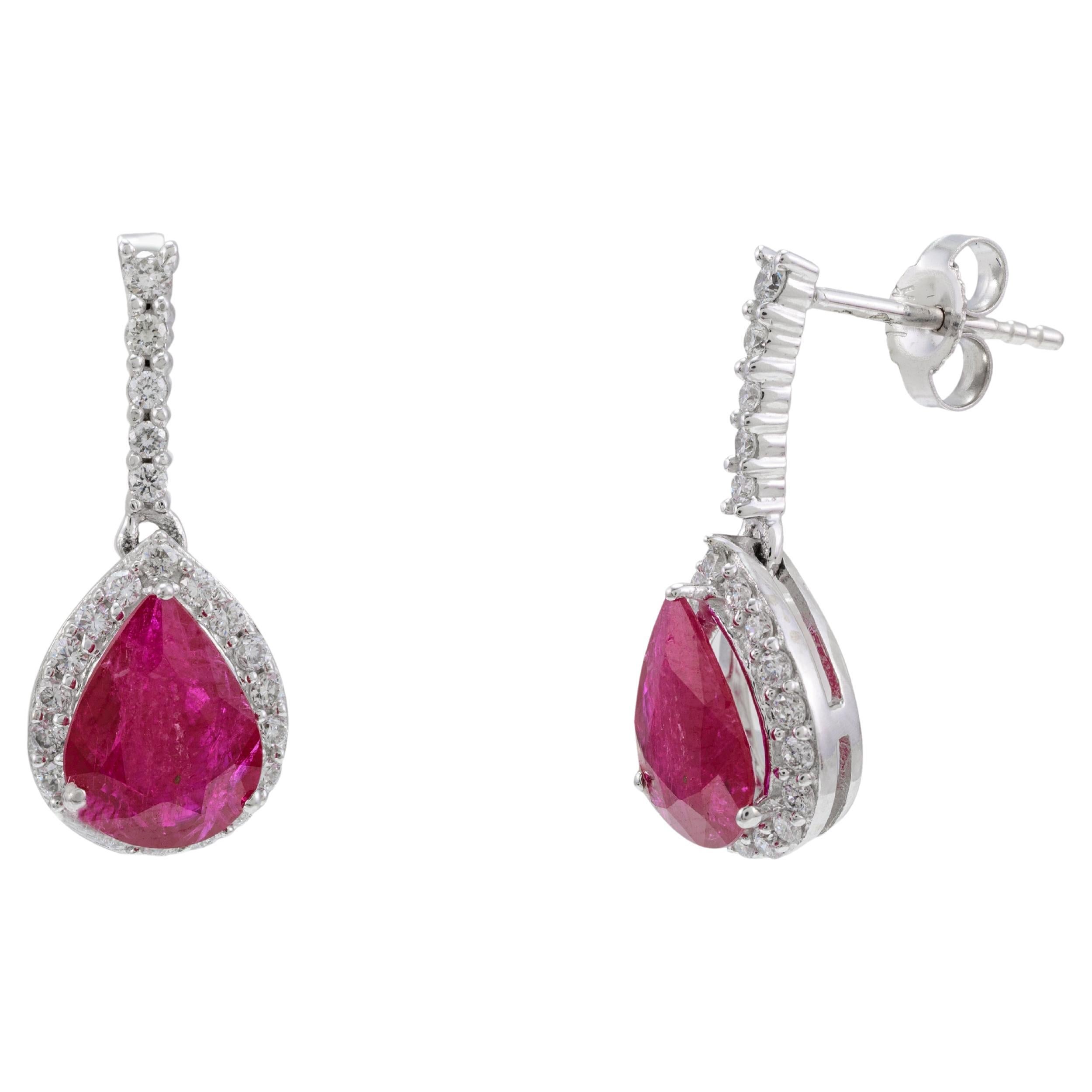 Designer Diamond Ruby Dangle Earrings for Mom in 14k Solid White Gold For Sale