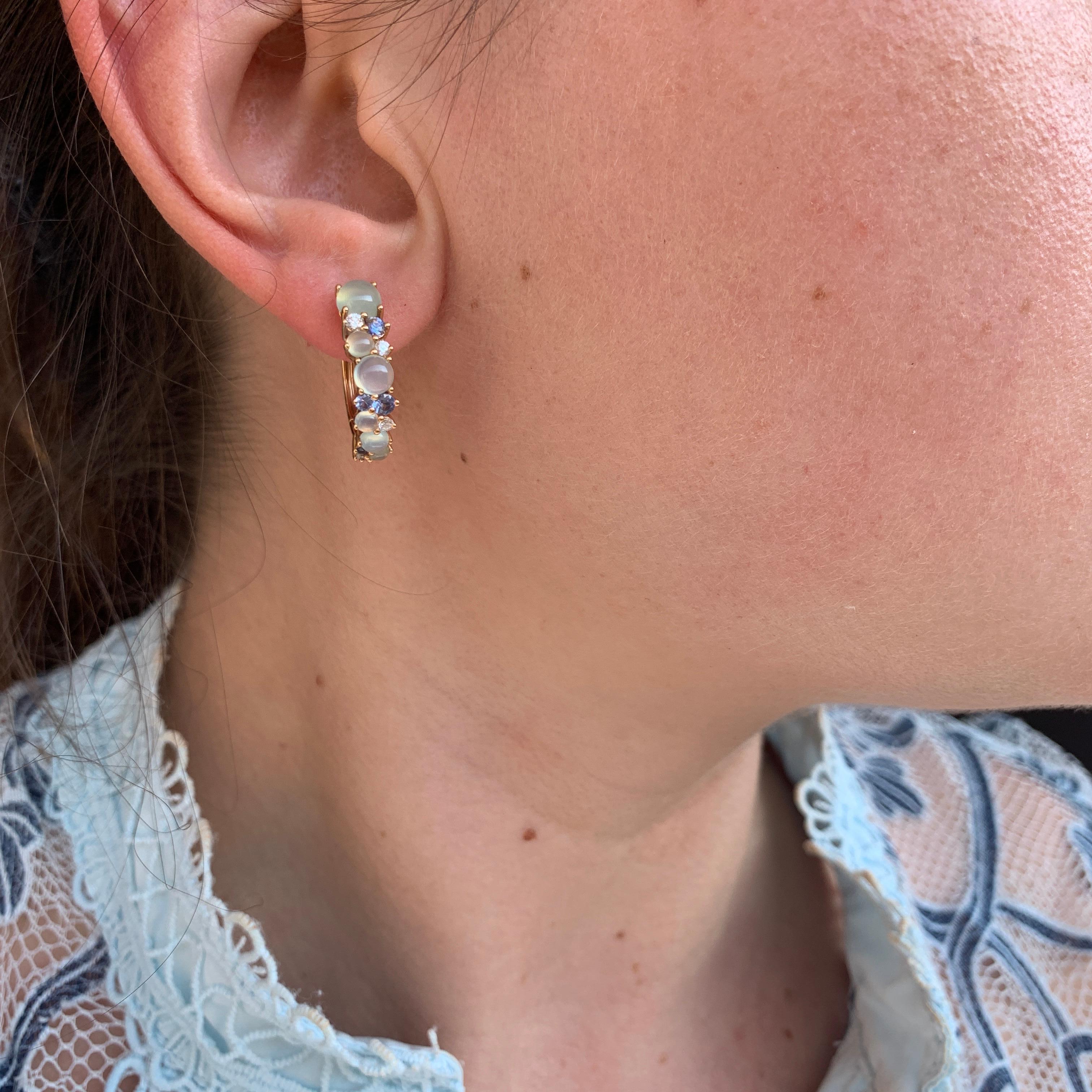 Modern Designer Diamond Sapphire Chalcedony White 18 Karat Gold Small Hoop Earrings For Sale