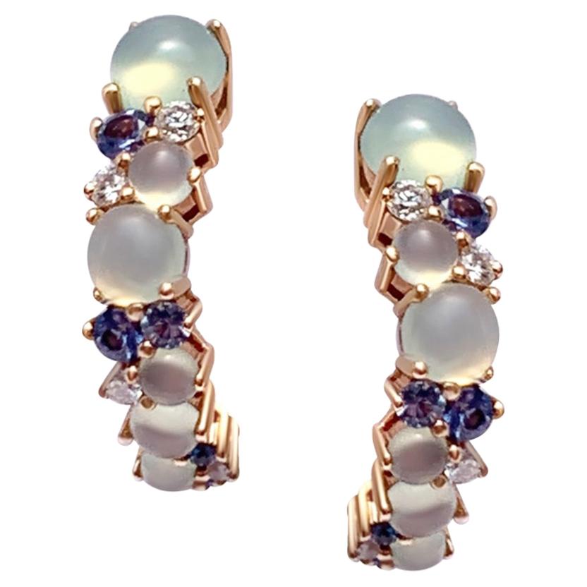 Designer Diamond Sapphire Chalcedony White 18 Karat Gold Small Hoop Earrings For Sale