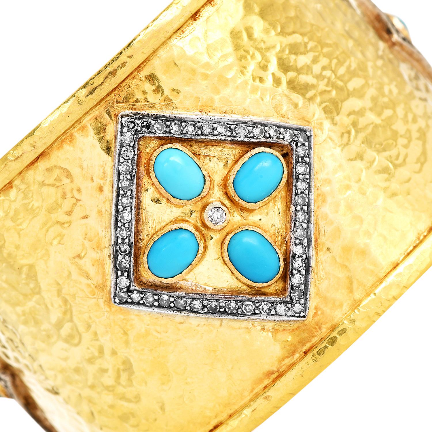 This estate Diamond Turquoise 18K Gold Wide Cuff Bracelet is forged in 18K Yellow gold wide cuff bracelet, hammered textured with a smooth edge and comfortable fit.

Decorated by three kite design with natural champagne diamonds and turquoise
