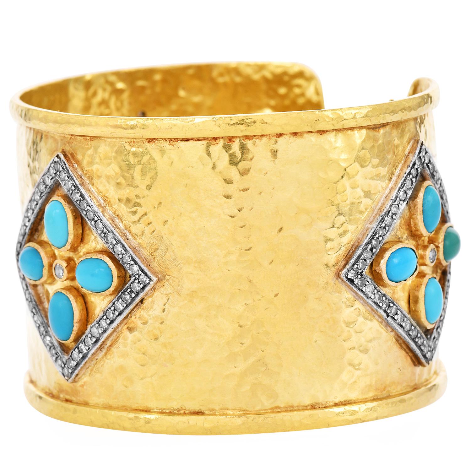 Modern Designer  Diamond Turquoise 18K Gold Wide Cuff Bracelet For Sale