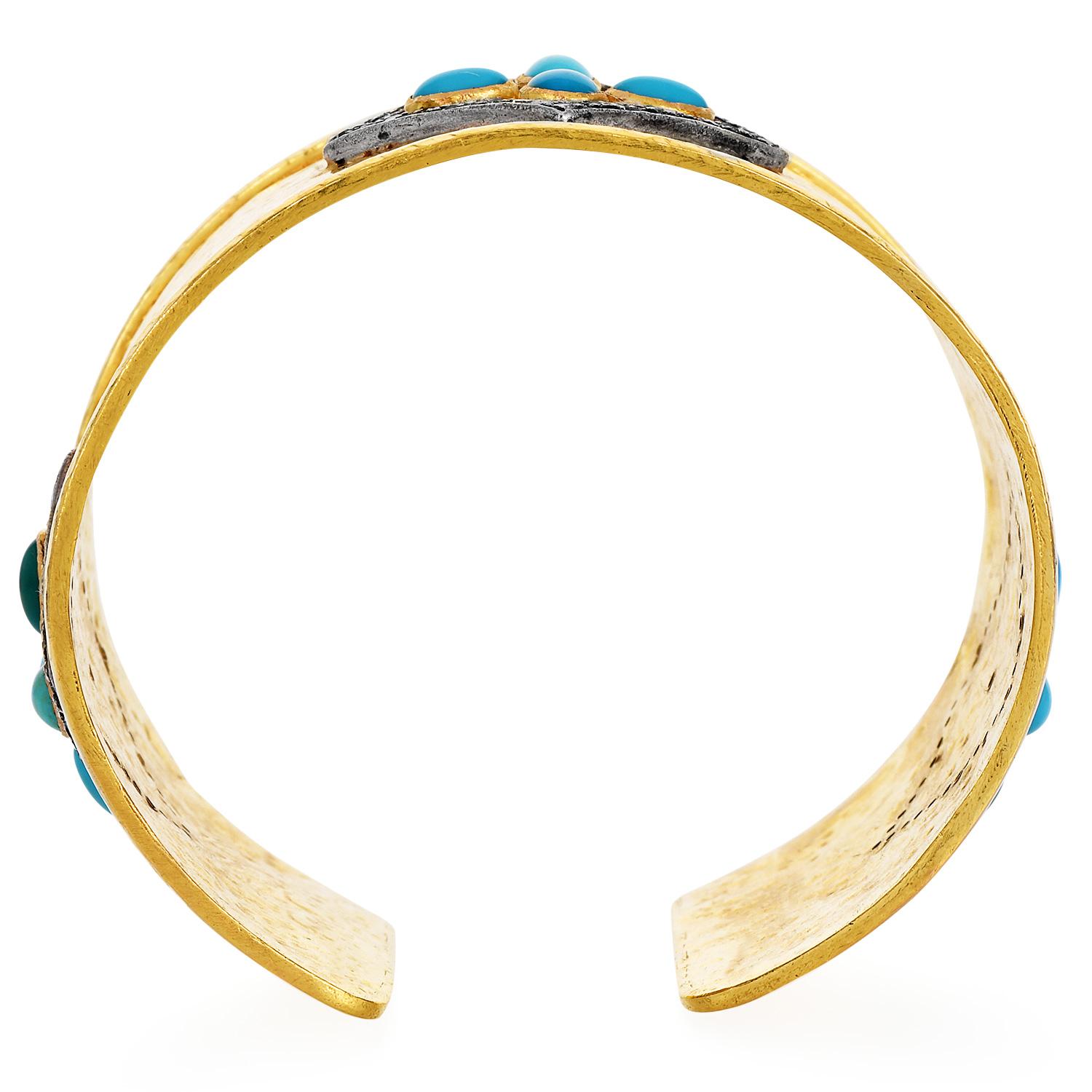 Cabochon Designer  Diamond Turquoise 18K Gold Wide Cuff Bracelet For Sale