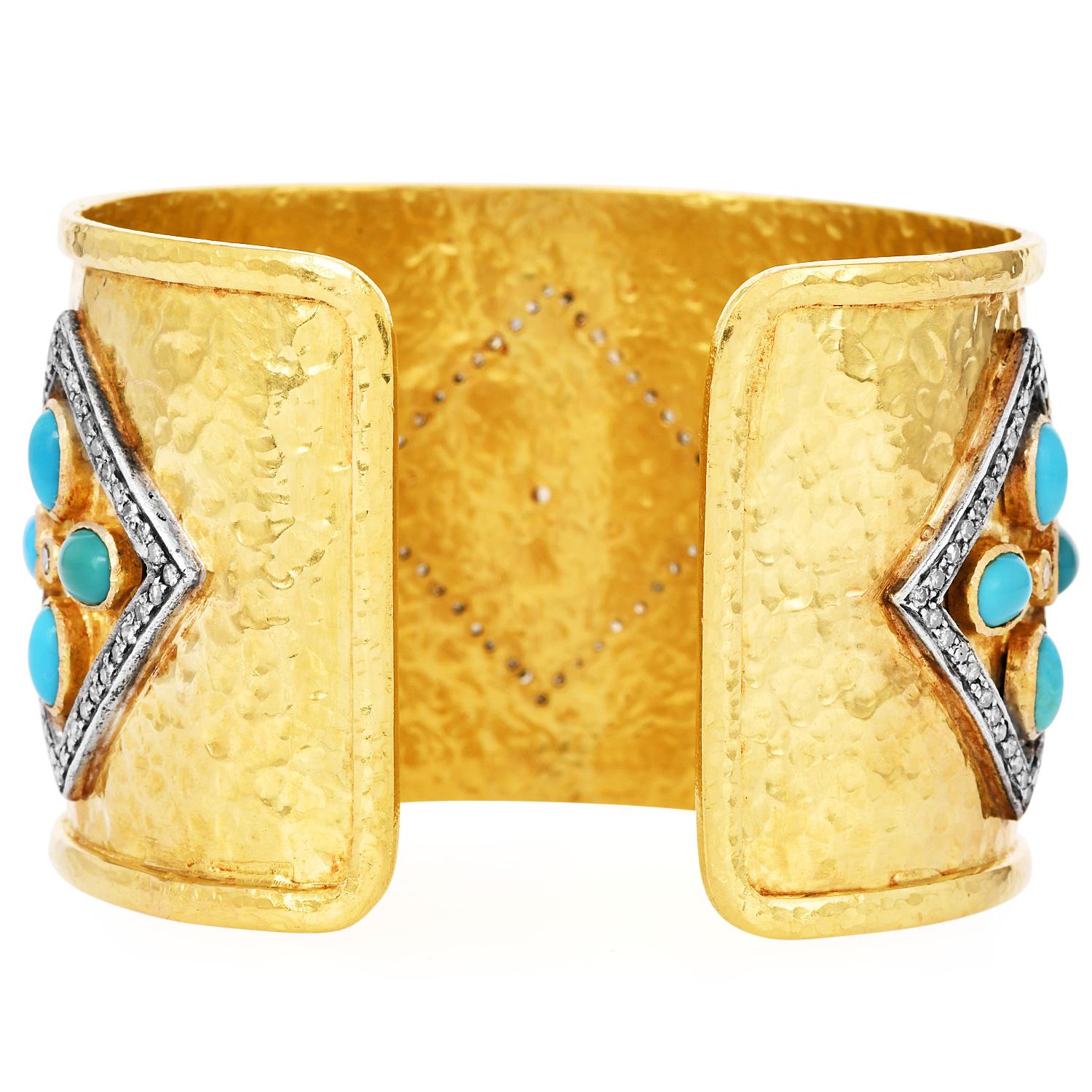 Designer  Diamond Turquoise 18K Gold Wide Cuff Bracelet In Excellent Condition For Sale In Miami, FL