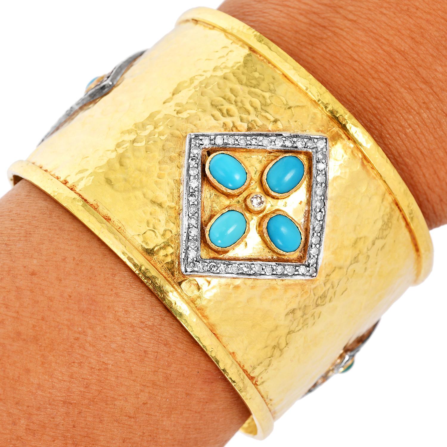 Women's or Men's Designer  Diamond Turquoise 18K Gold Wide Cuff Bracelet For Sale